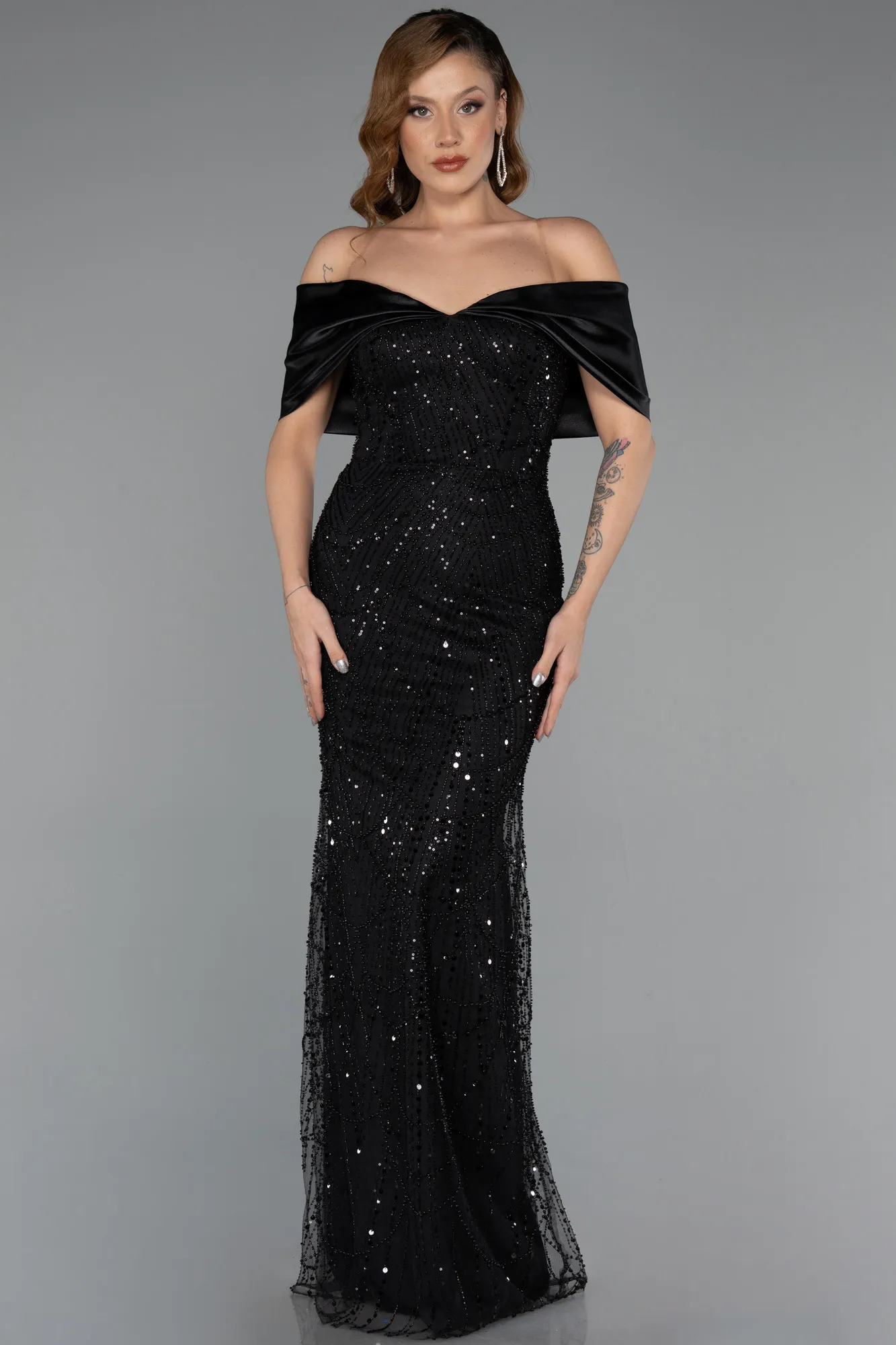 Black-Long Beaded Evening Dress ABU5400
