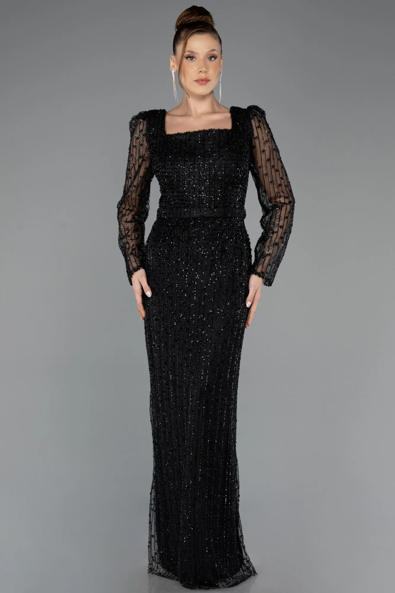 Black-Long Beaded Evening Dress ABU5431