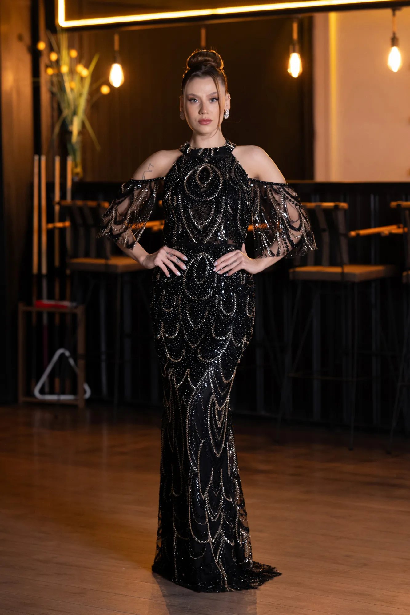 Black-Long Beaded Evening Dress ABU5435