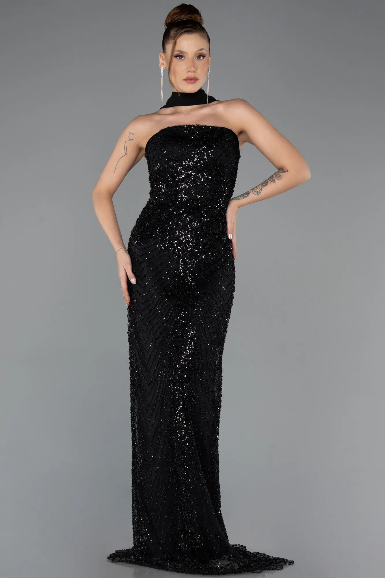 Black-Long Beaded Evening Dress ABU5438