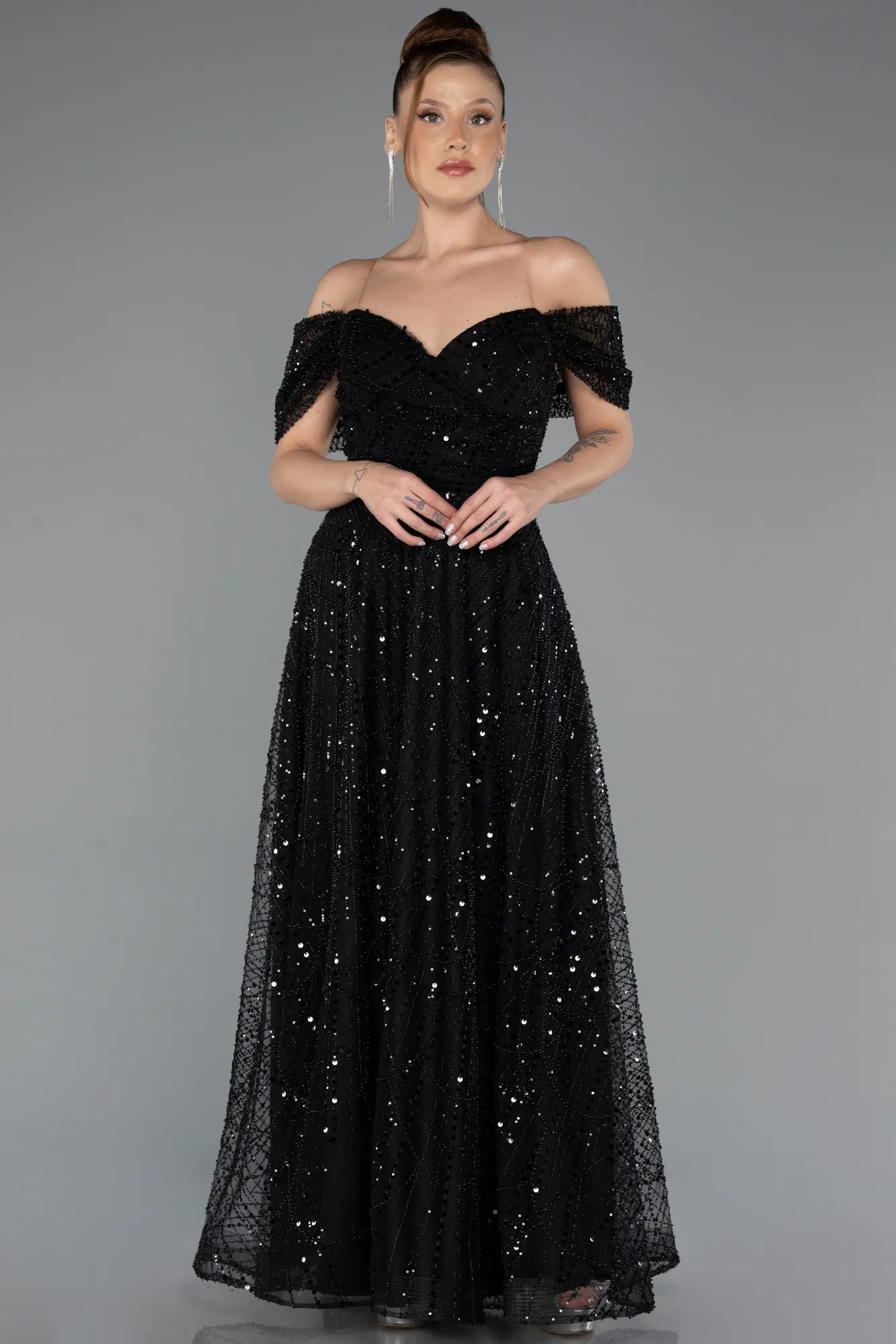 Black-Long Beaded Evening Dress ABU5443