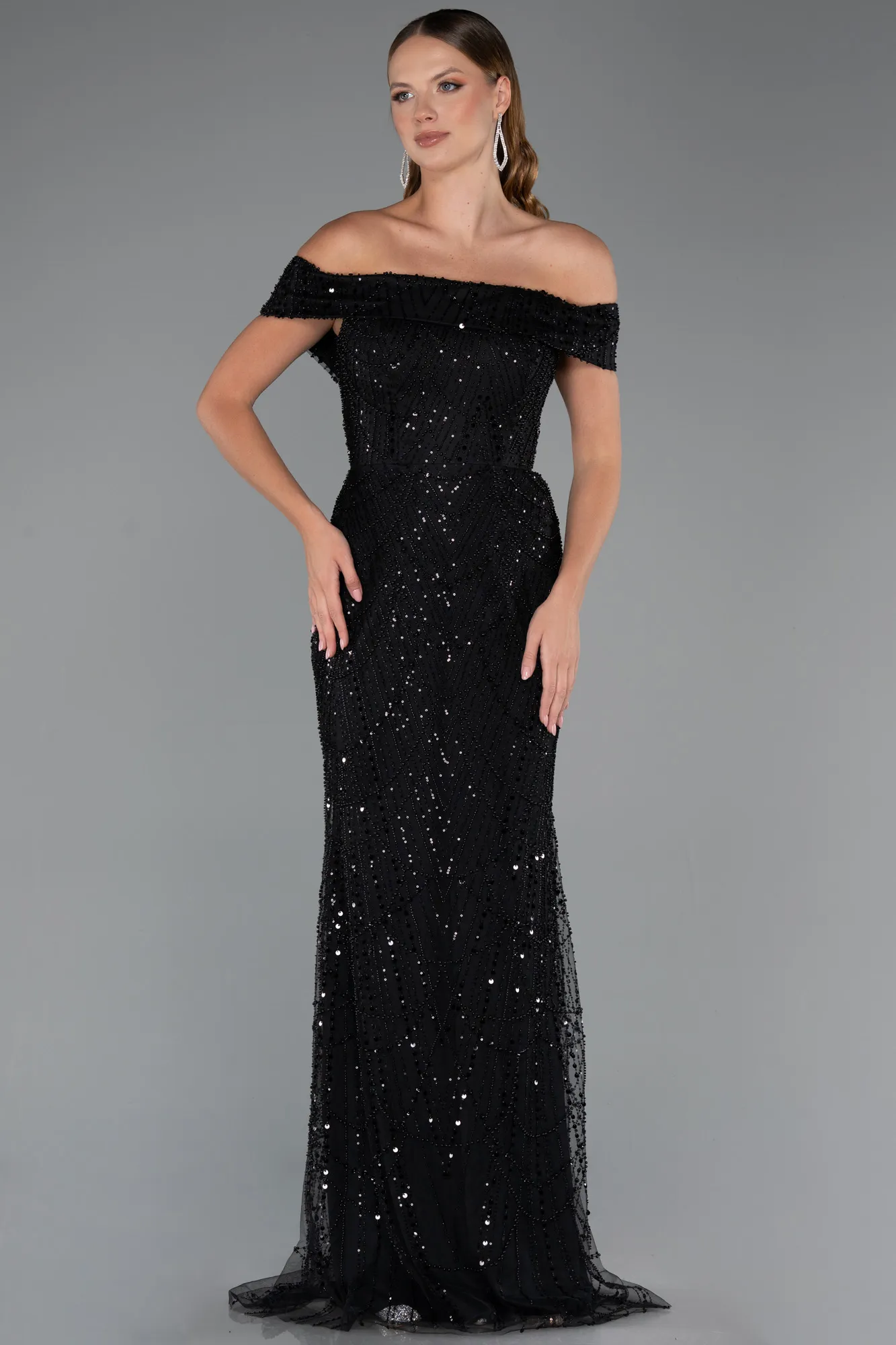 Black-Long Beaded Evening Dress ABU5492