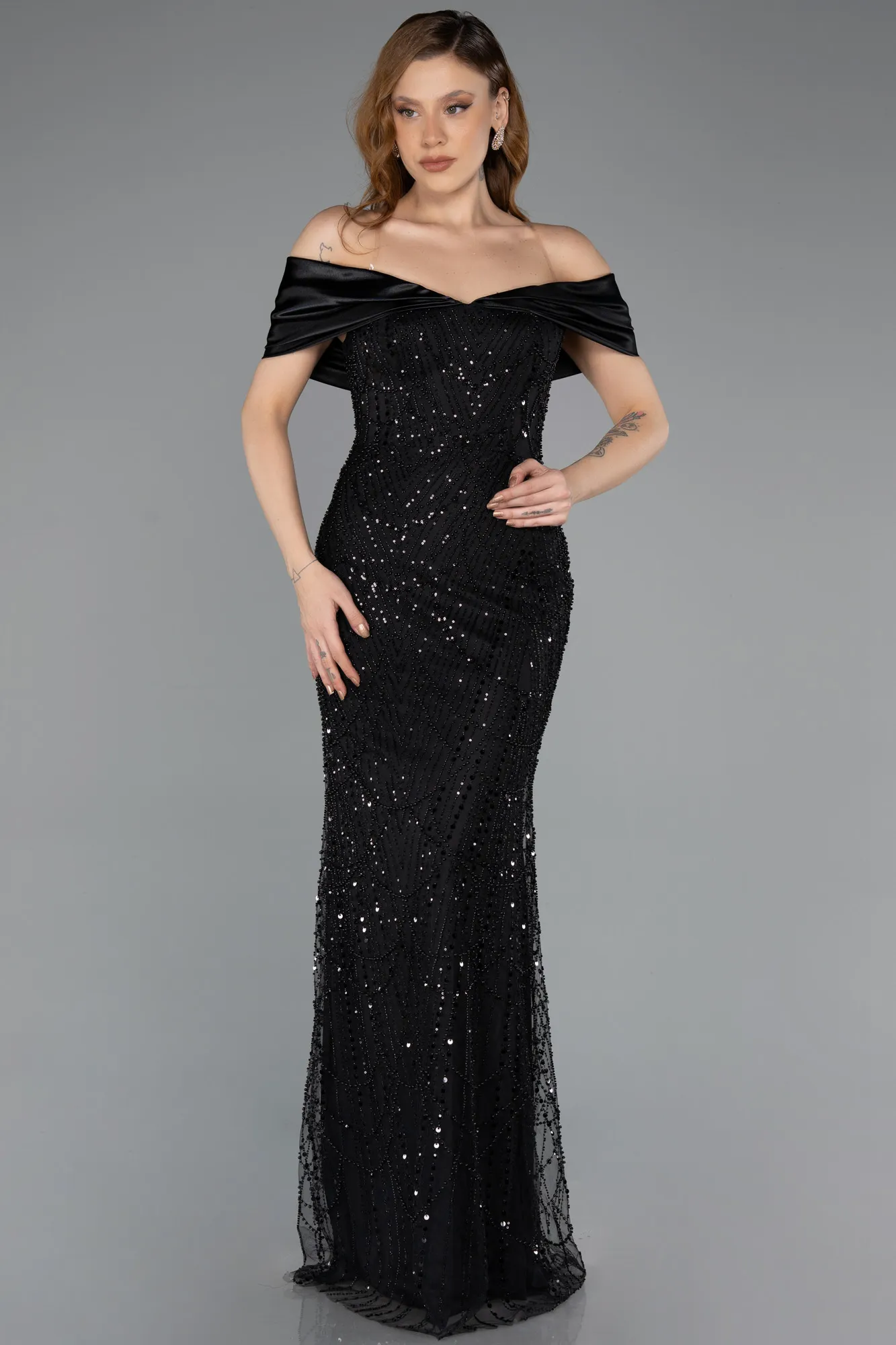 Black-Long Beaded Evening Dress ABU5503