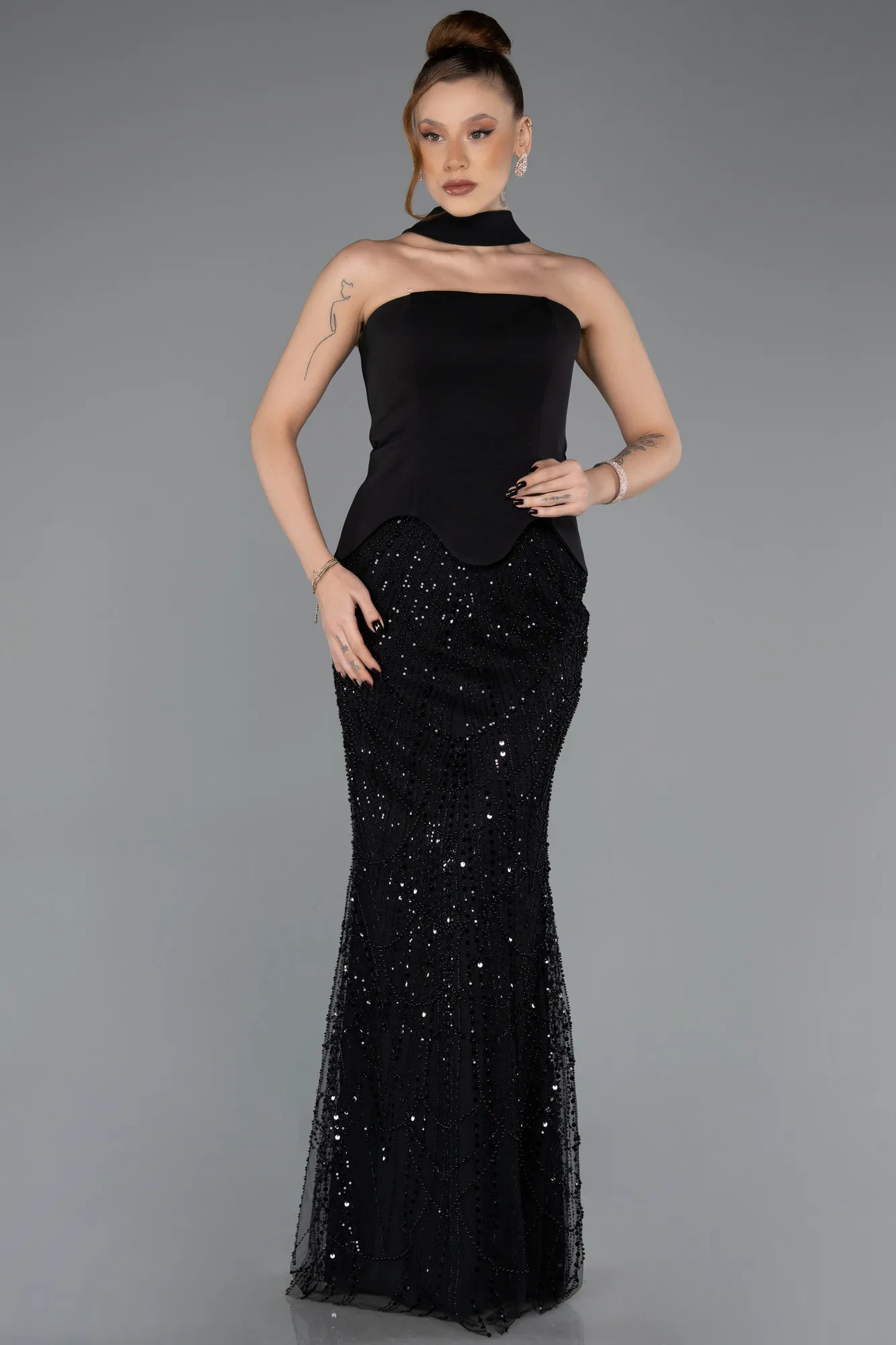 Black-Long Beaded Evening Dress ABU5508