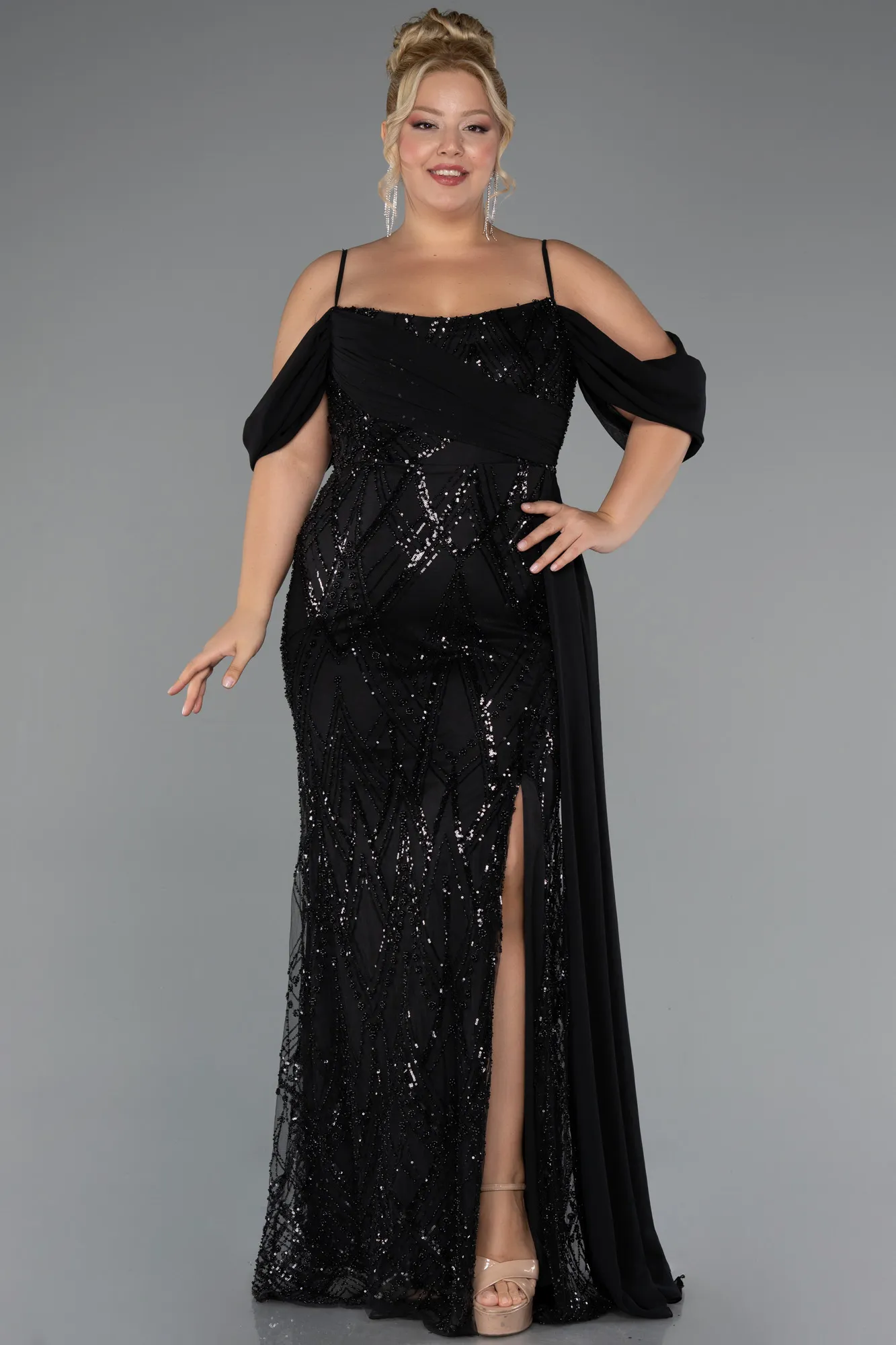 Black-Long Beaded Formal Plus Size Dress ABU5319