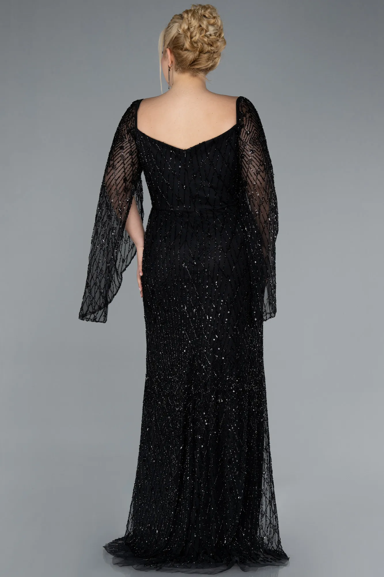 Black-Long Beaded Plus Size Engagement Dress ABU4640