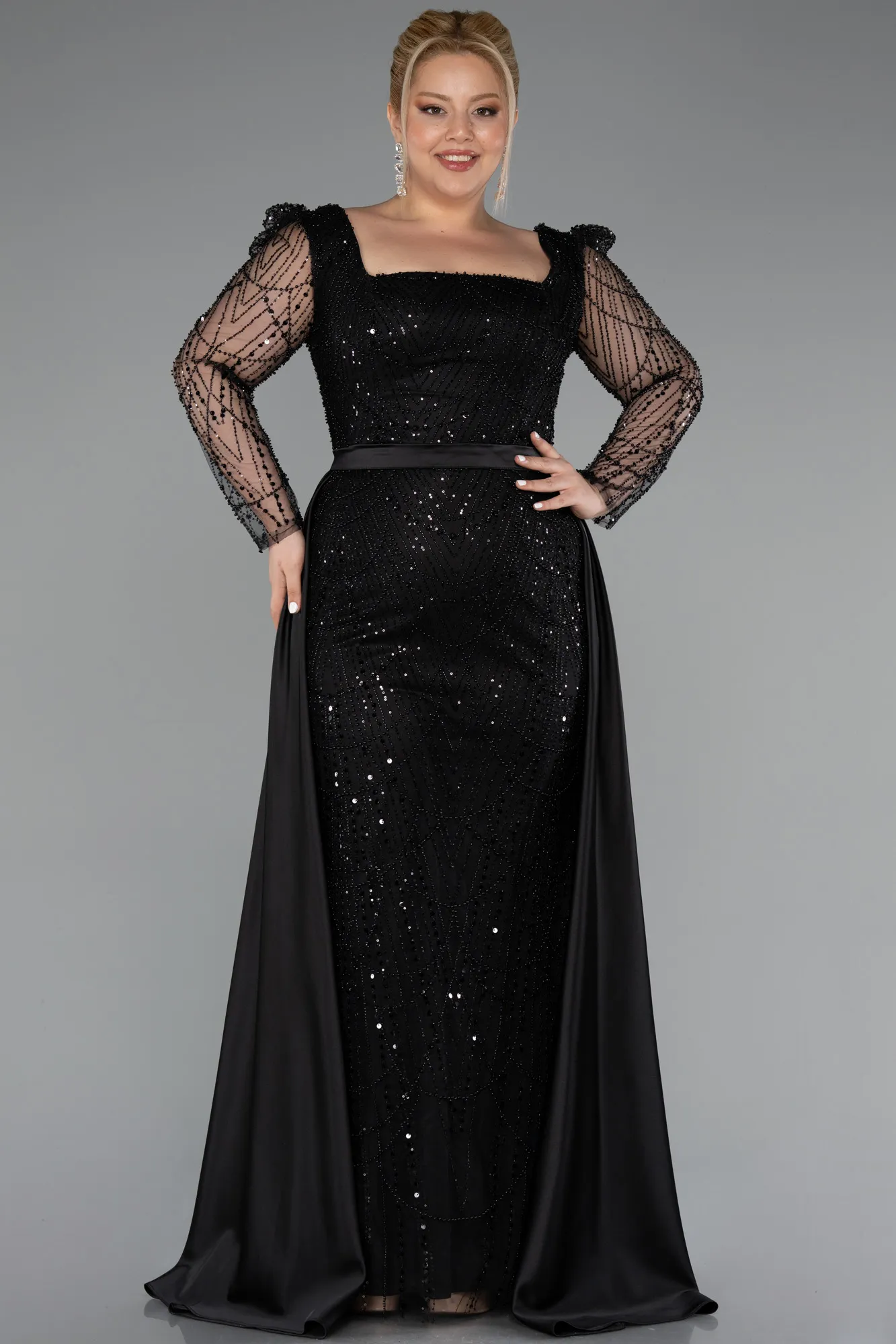 Black-Long Beaded Plus Size Engagement Dress ABU4761