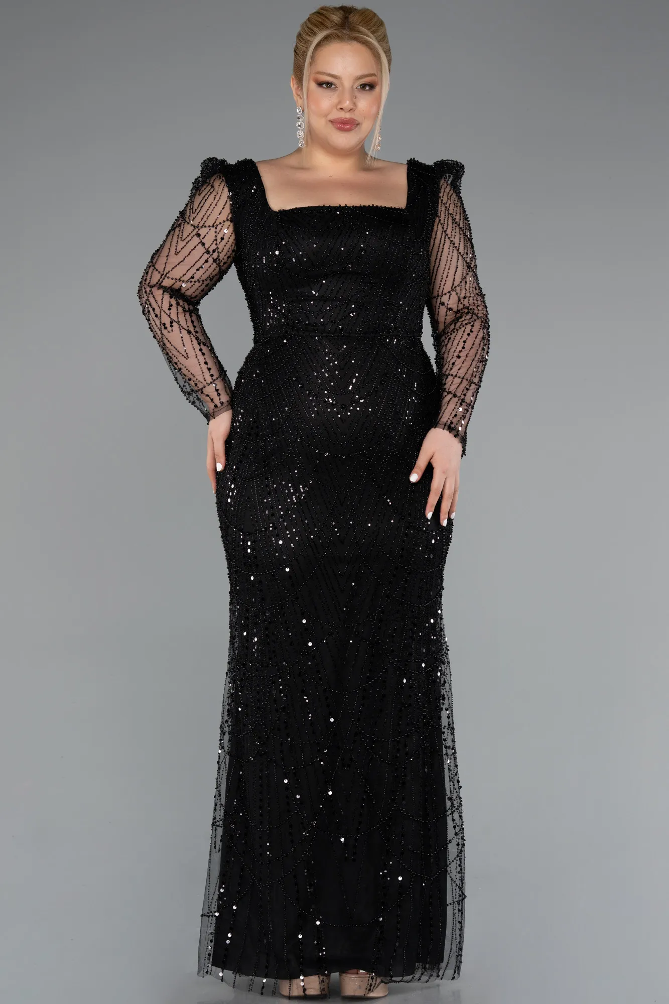 Black-Long Beaded Plus Size Engagement Dress ABU4761