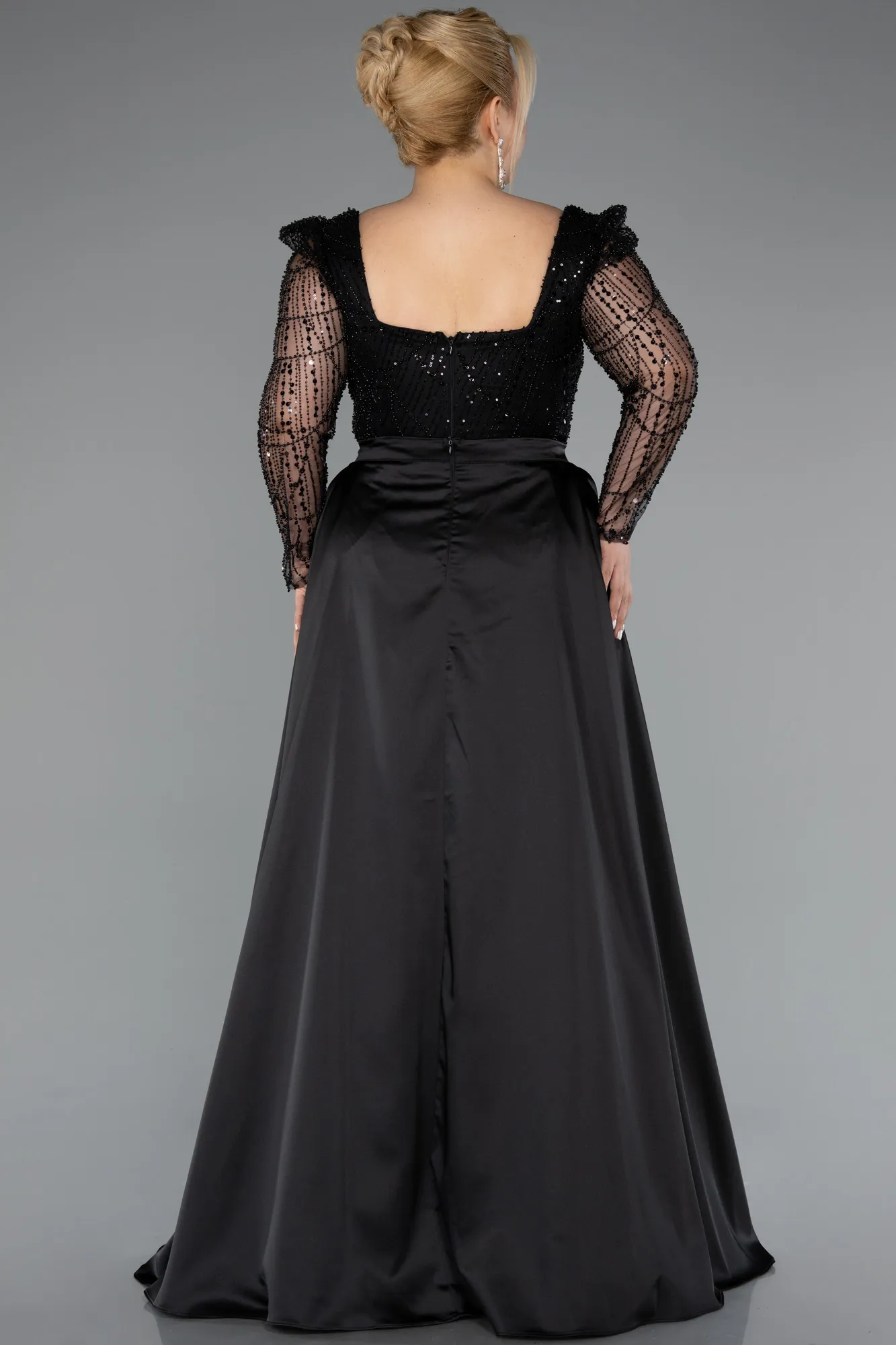 Black-Long Beaded Plus Size Engagement Dress ABU4761