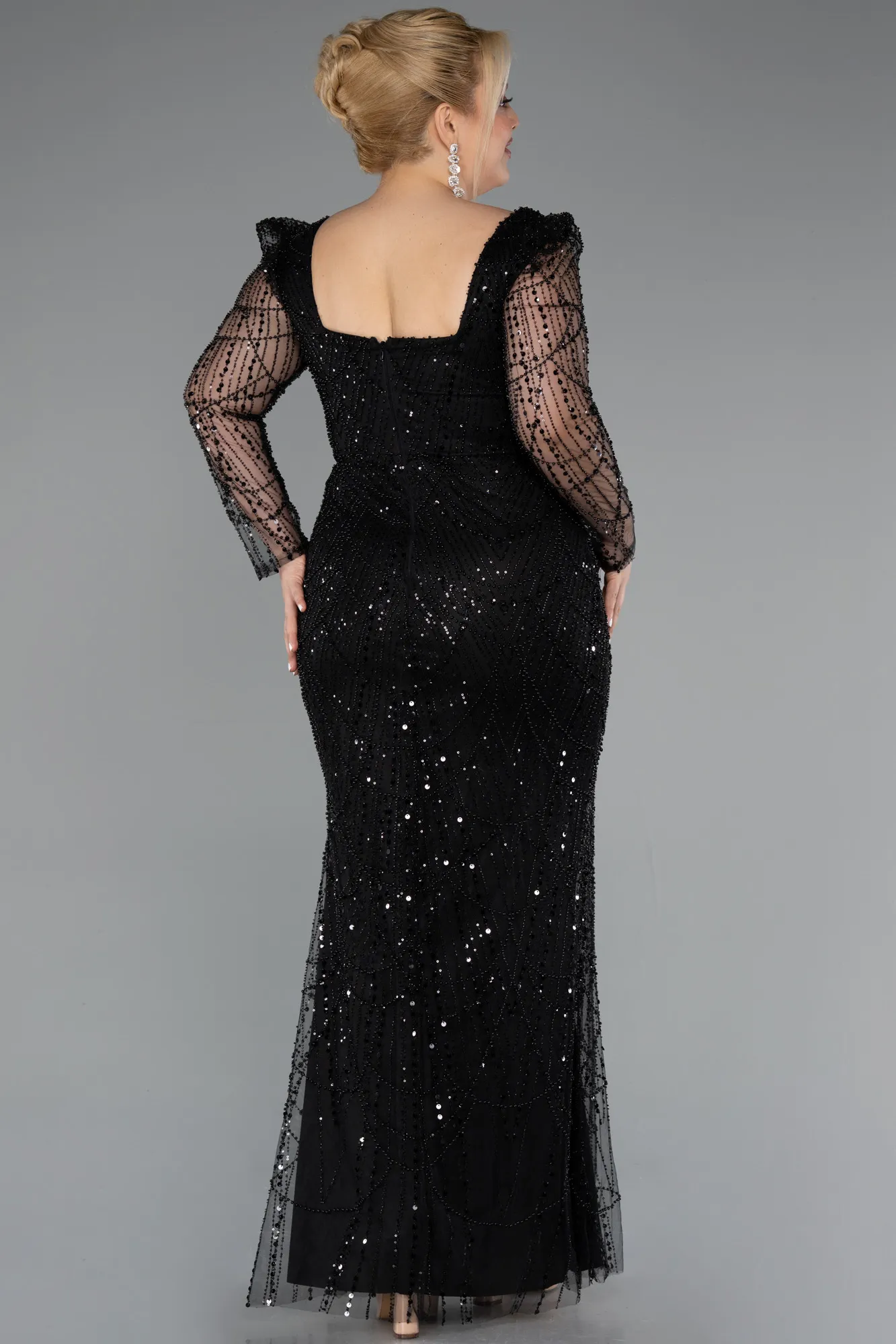 Black-Long Beaded Plus Size Engagement Dress ABU4761