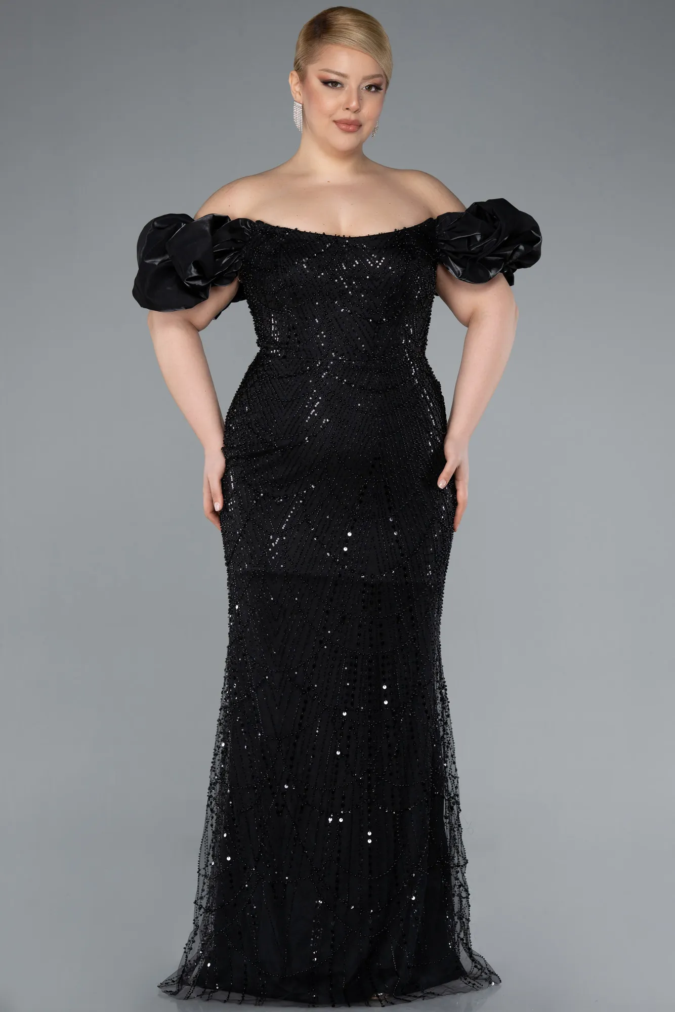 Black-Long Beaded Plus Size Engagement Dress ABU4788