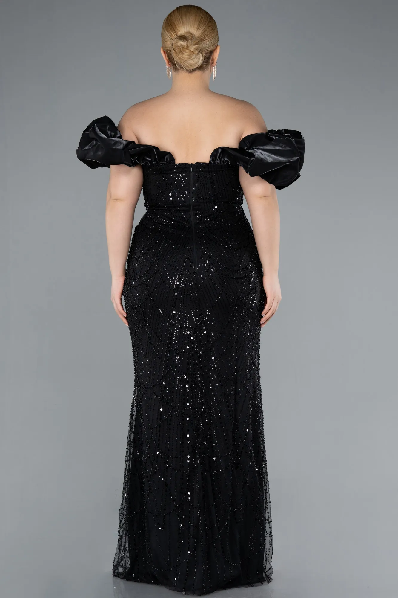 Black-Long Beaded Plus Size Engagement Dress ABU4788