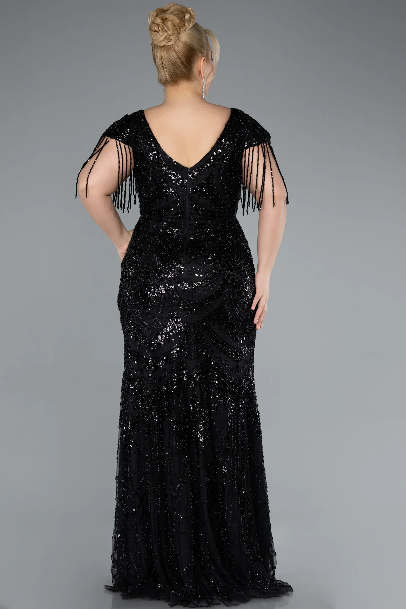 Black-Long Beaded Plus Size Engagement Dress ABU4939