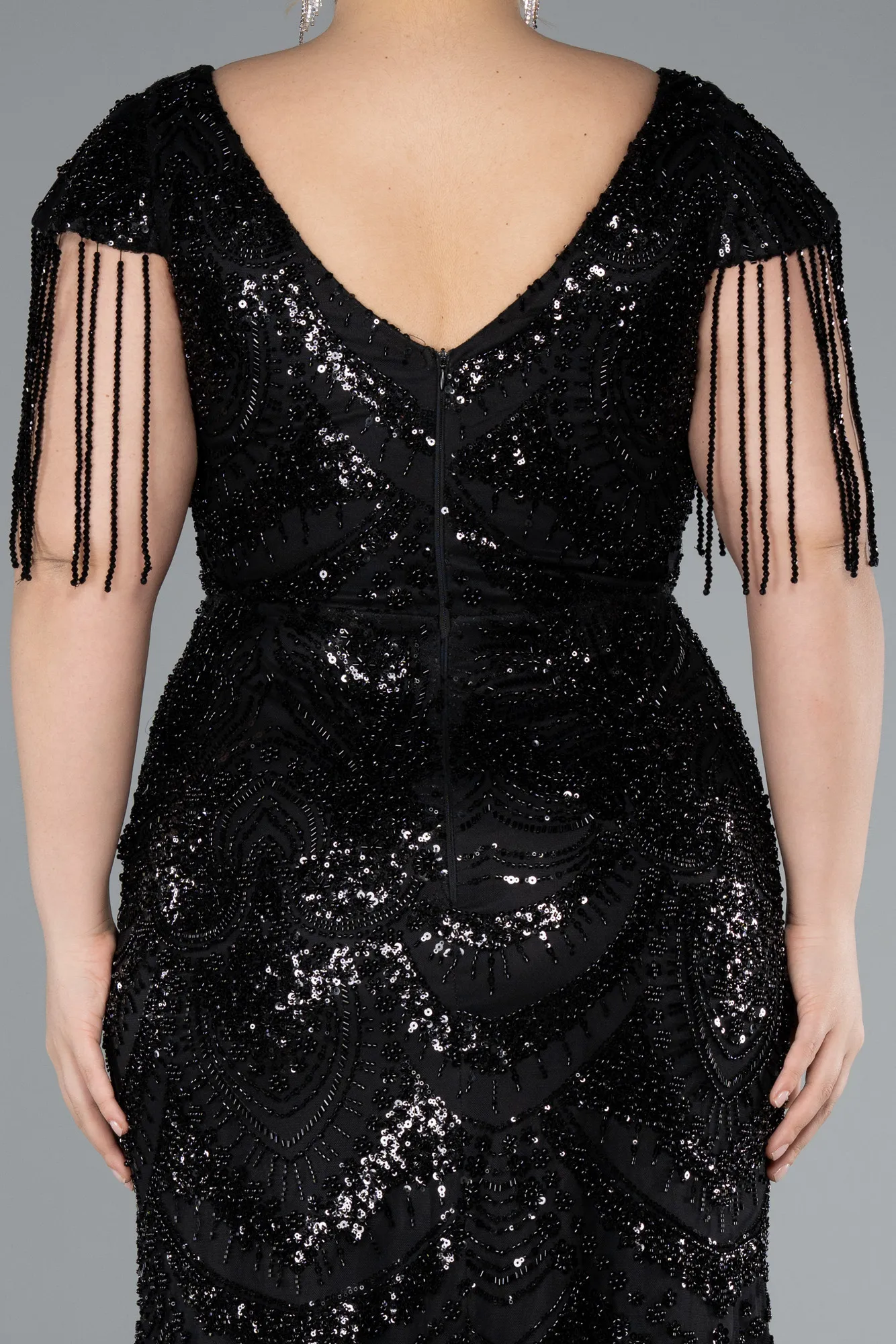 Black-Long Beaded Plus Size Engagement Dress ABU4939