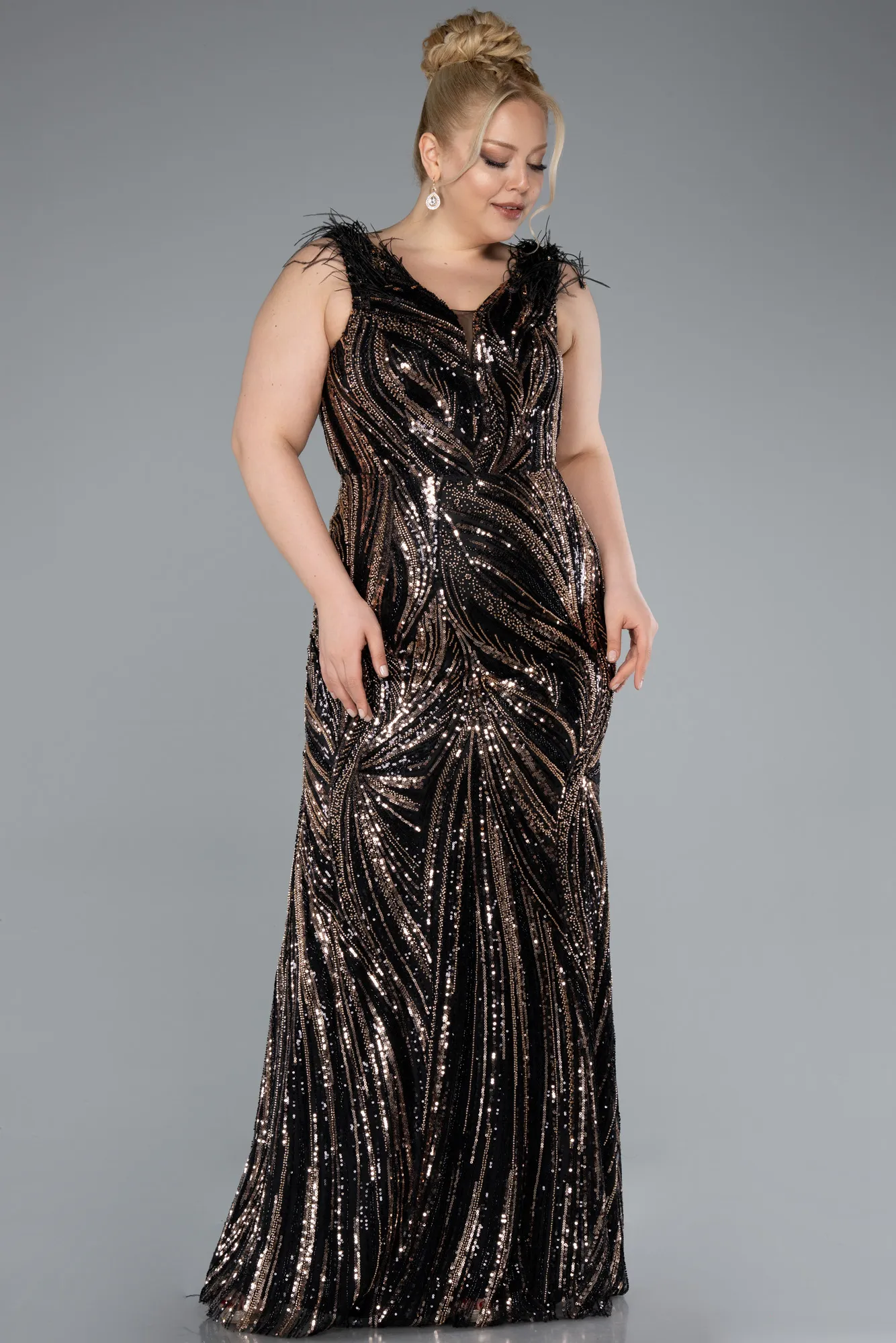 Black-Long Beaded Plus Size Engagement Dress ABU4940