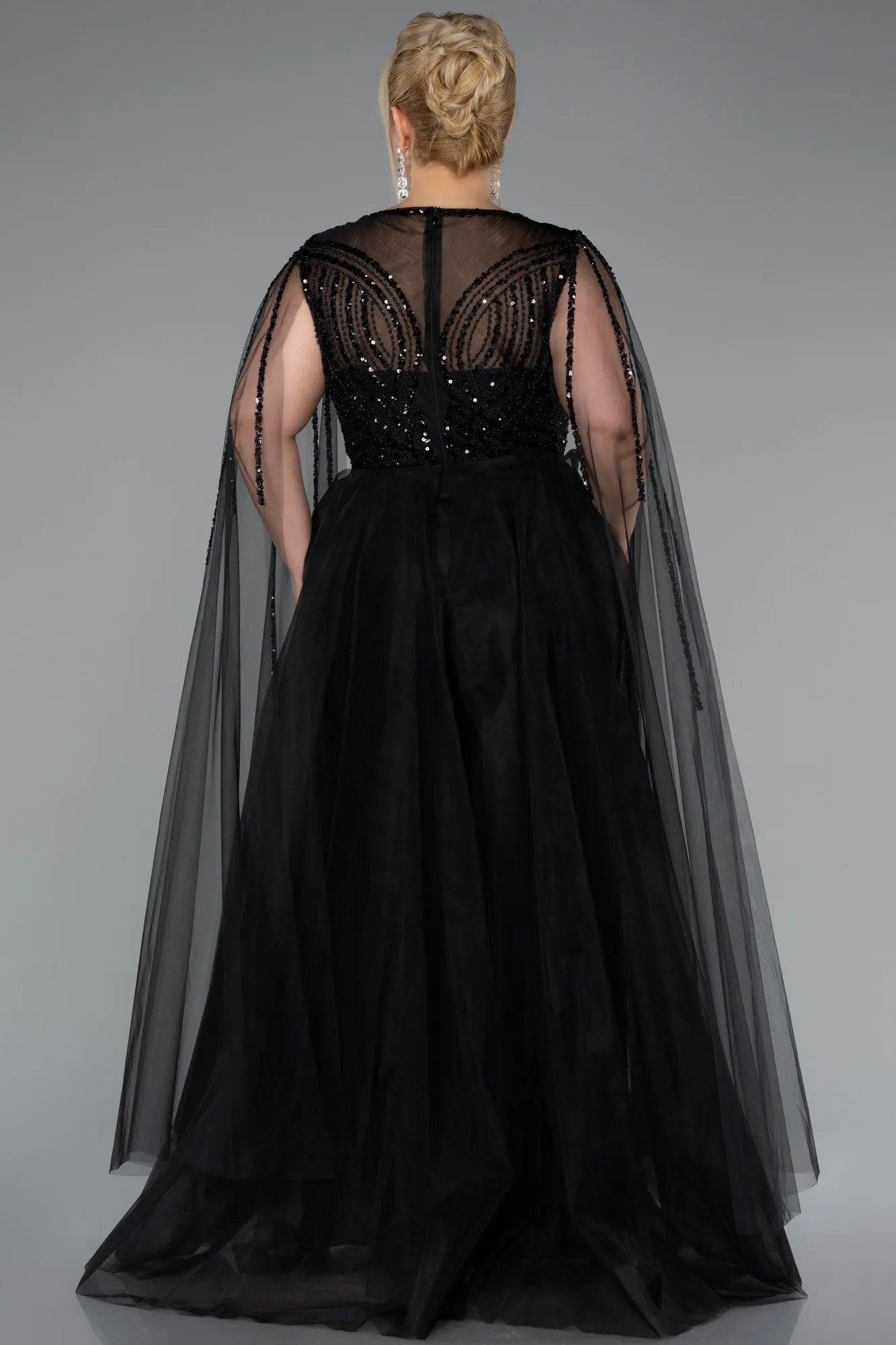 Black-Long Beaded Plus Size Engagement Dress ABU5050