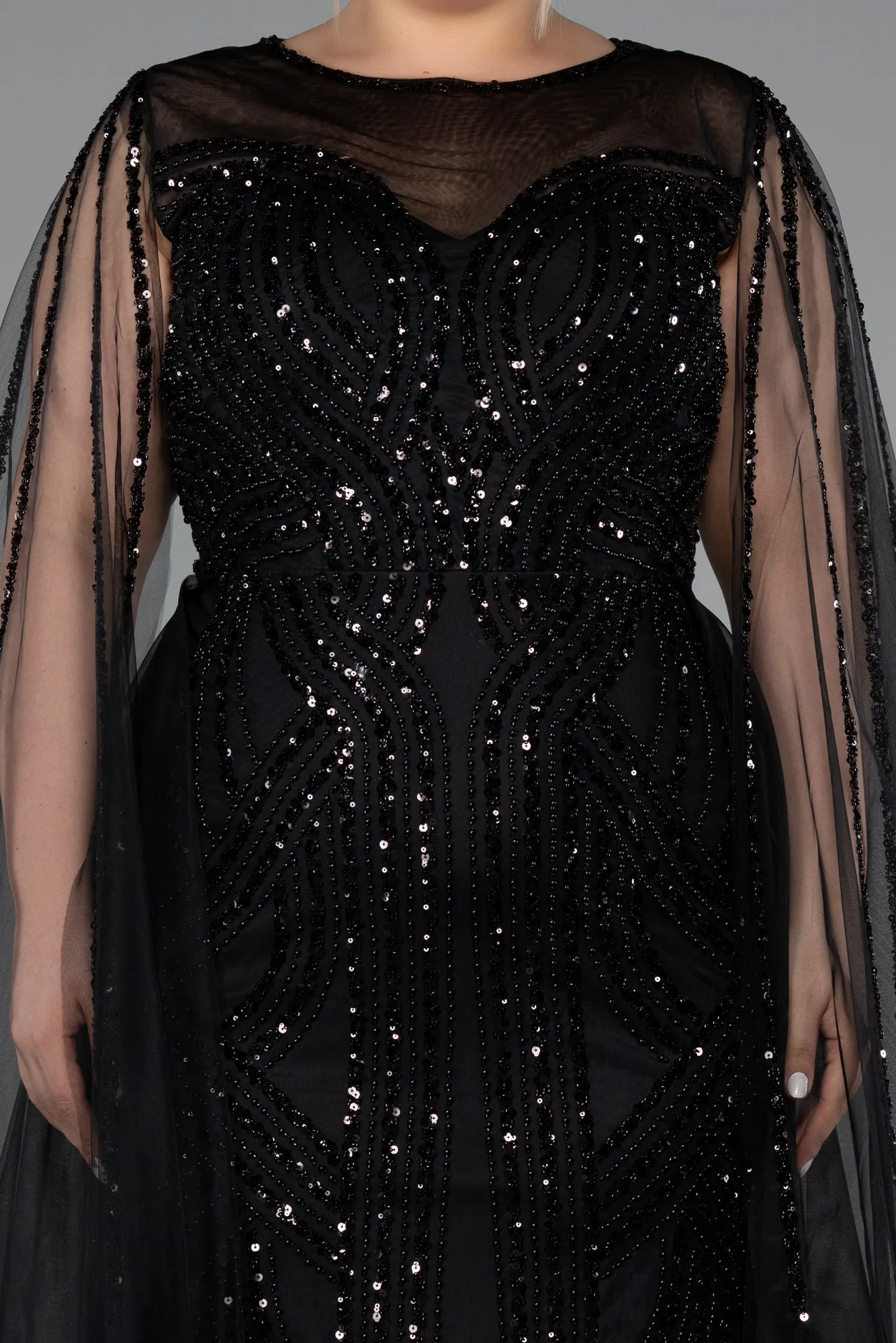 Black-Long Beaded Plus Size Engagement Dress ABU5050