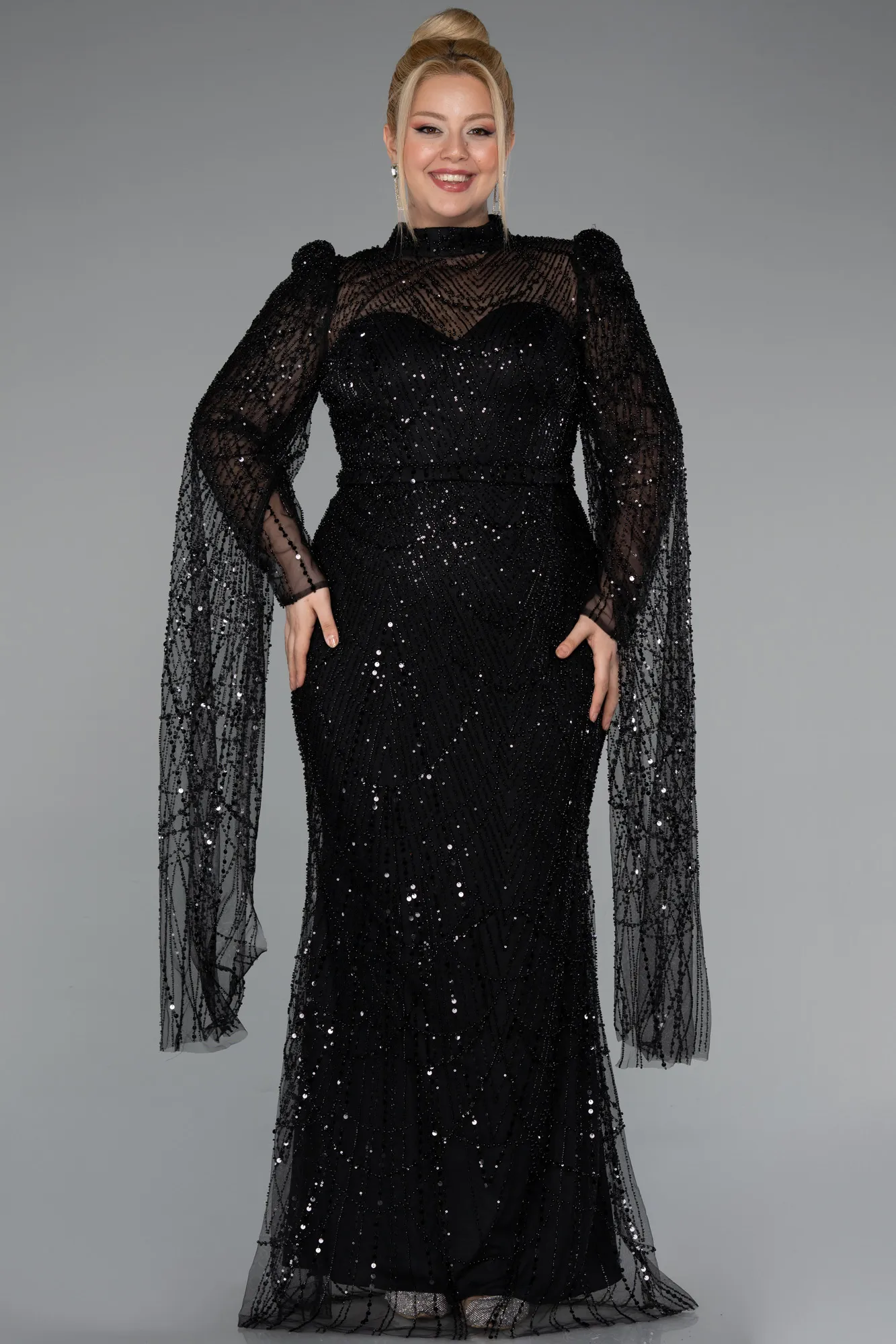 Black-Long Beaded Plus Size Engagement Dress ABU5153