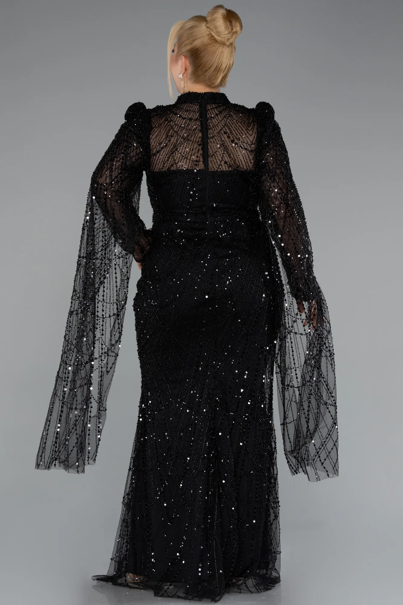 Black-Long Beaded Plus Size Engagement Dress ABU5153