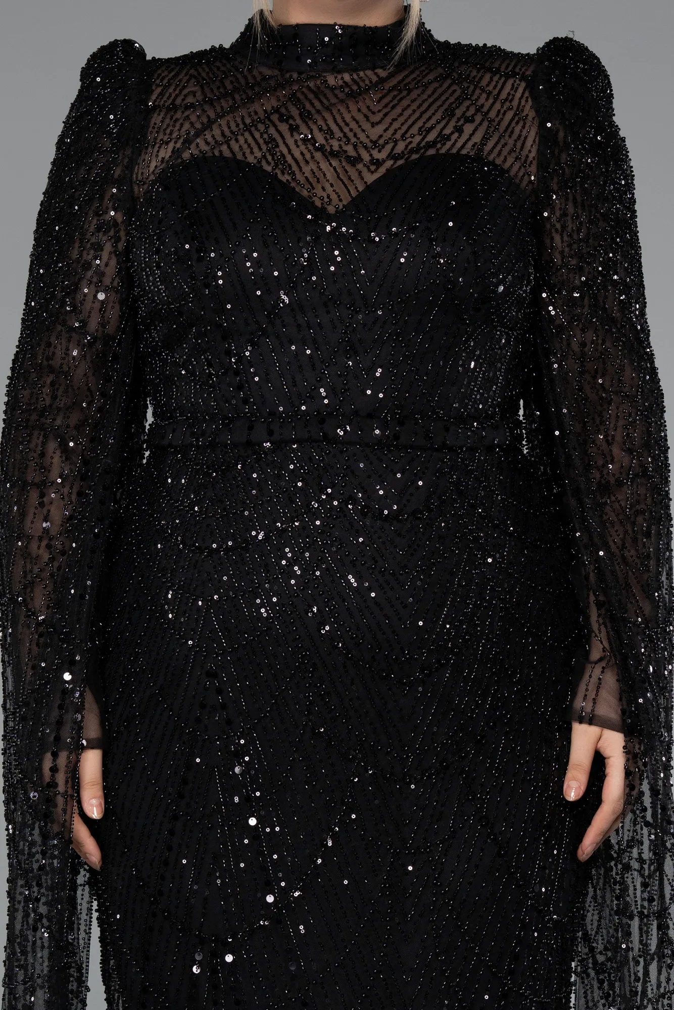 Black-Long Beaded Plus Size Engagement Dress ABU5153