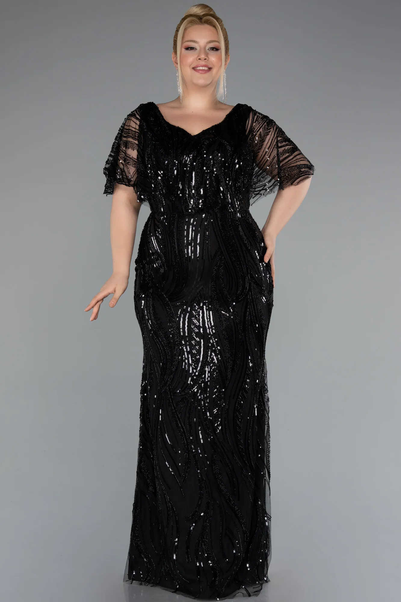 Black-Long Beaded Plus Size Evening Dress ABU5157