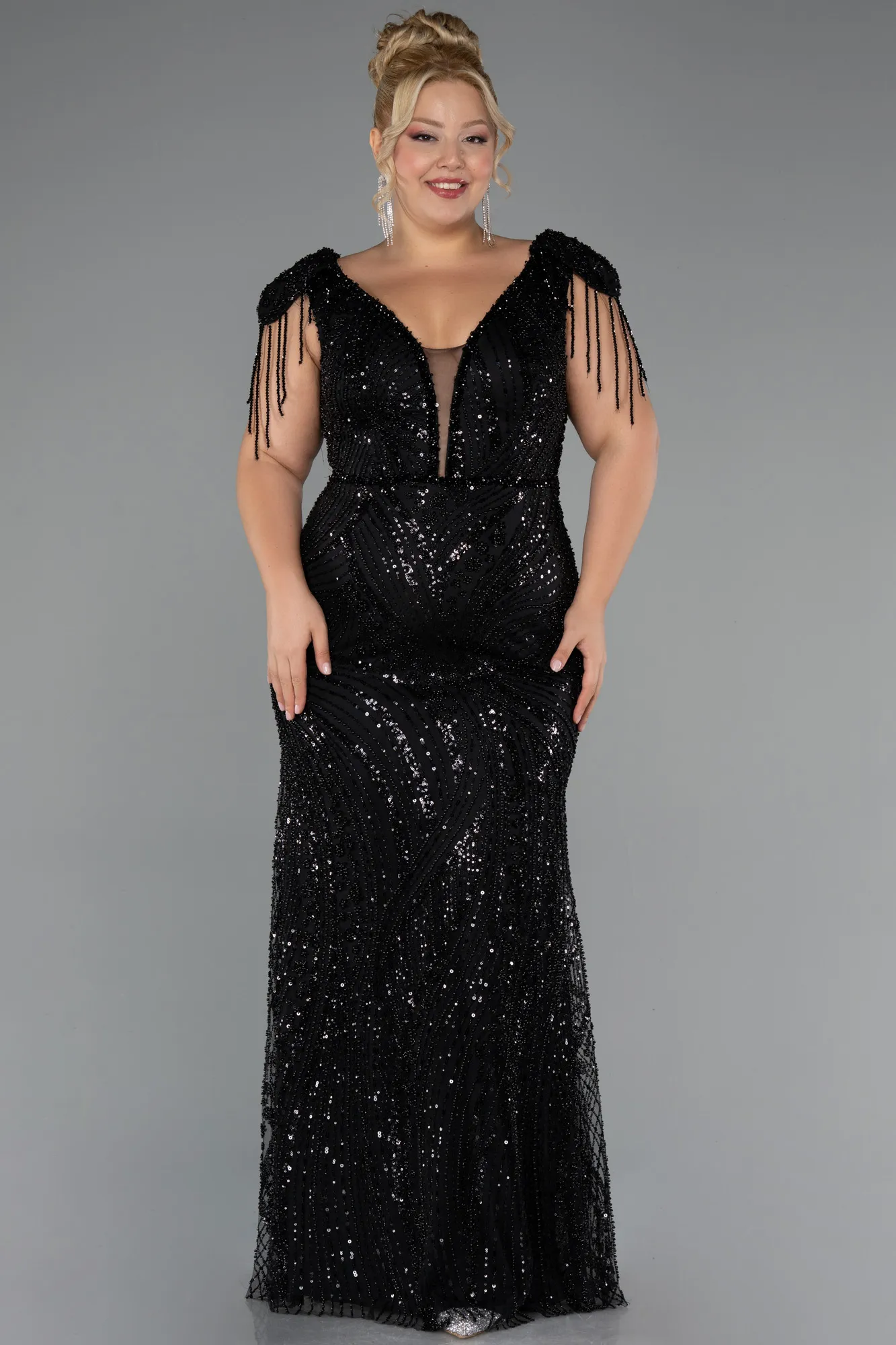 Black-Long Beaded Plus Size Evening Dress ABU5336
