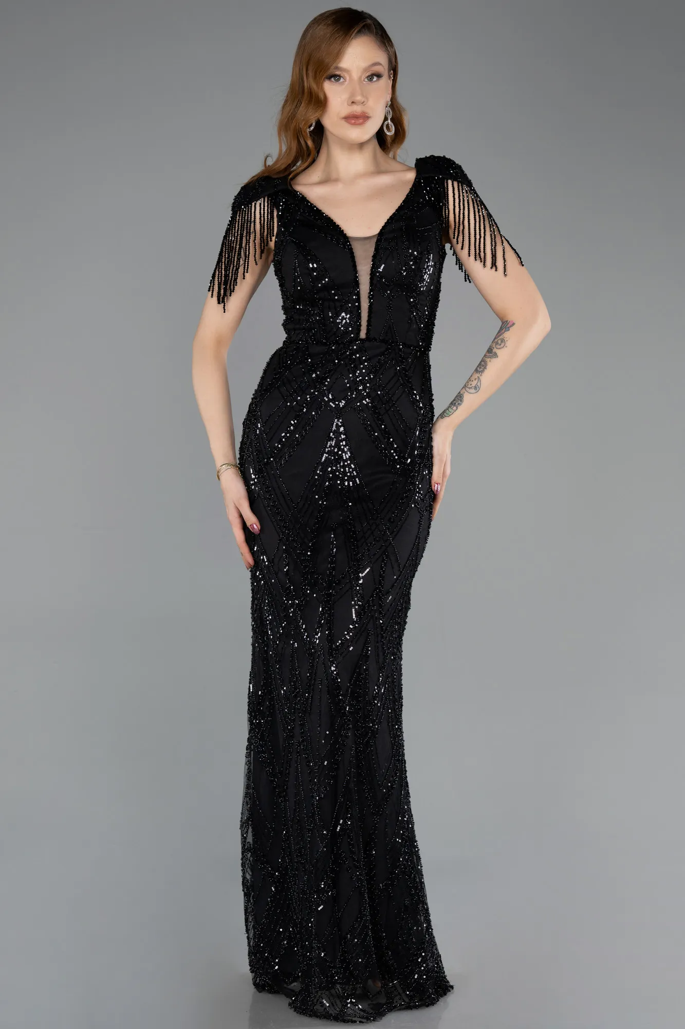 Black-Long Beaded Plus Size Evening Dress ABU5336