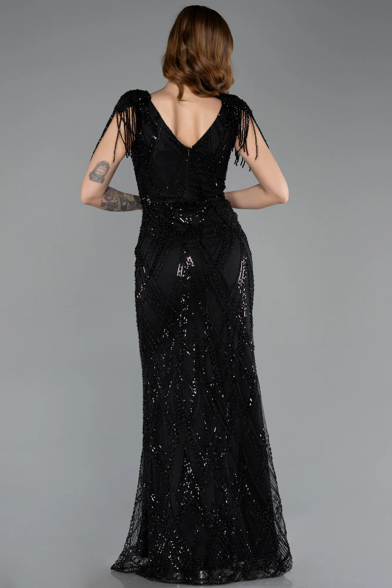 Black-Long Beaded Plus Size Evening Dress ABU5336