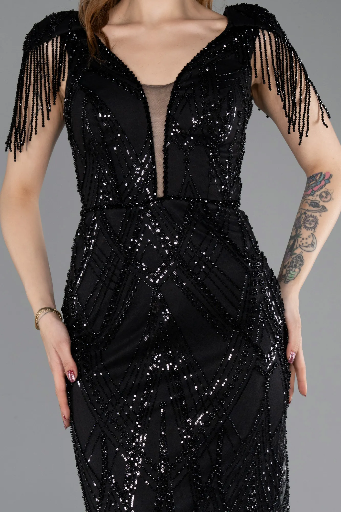 Black-Long Beaded Plus Size Evening Dress ABU5336