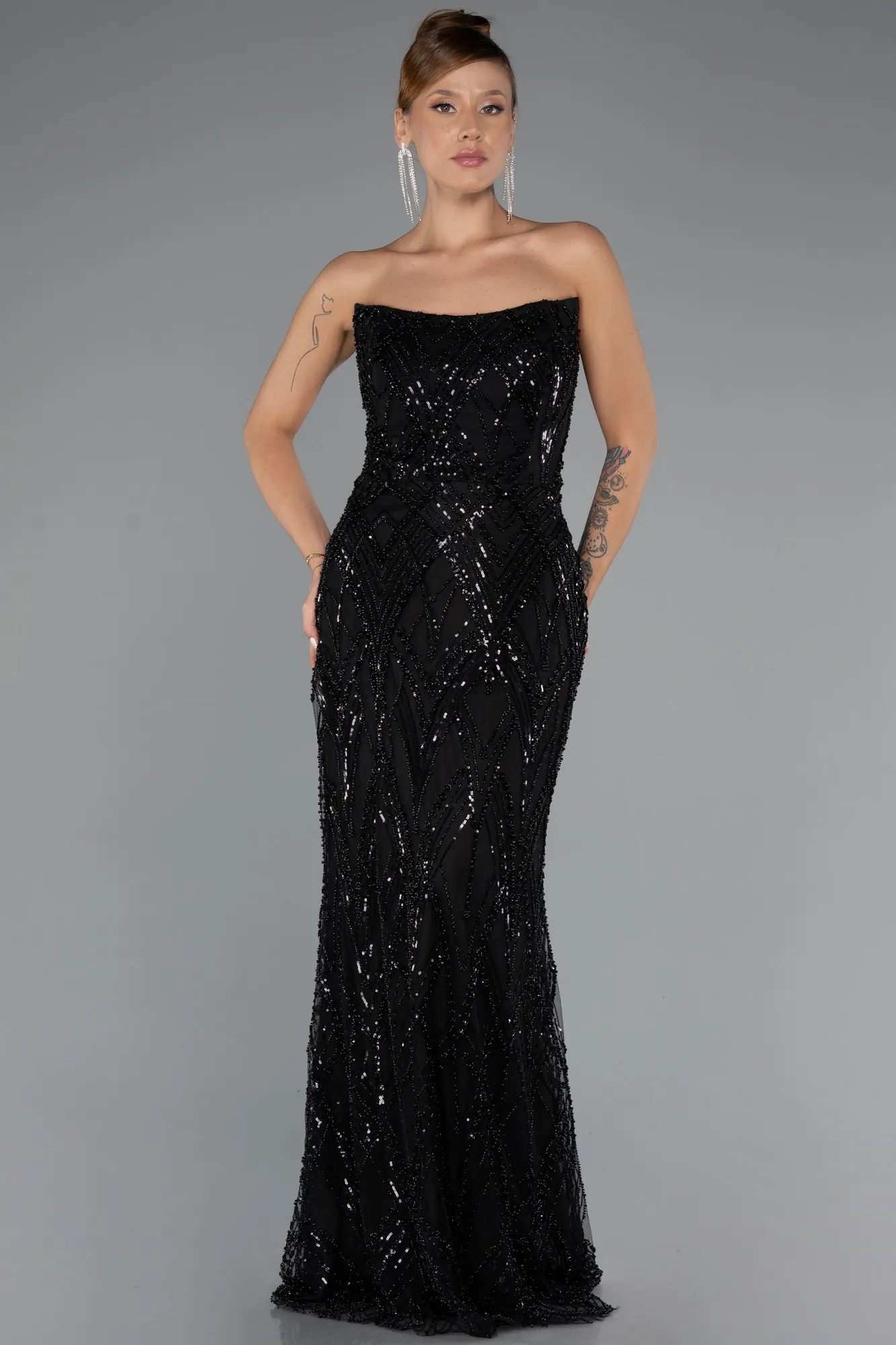 Black-Long Beaded Plus Size Evening Dress ABU5337