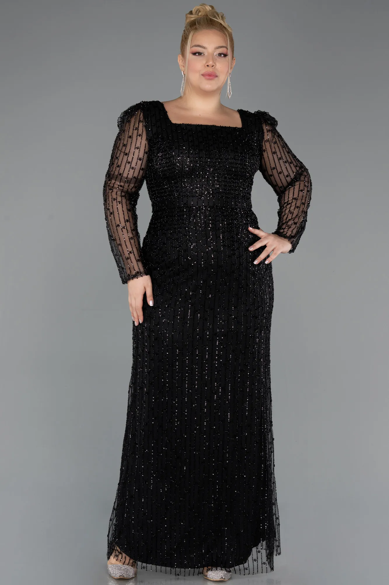 Black-Long Beaded Plus Size Evening Dress ABU5433