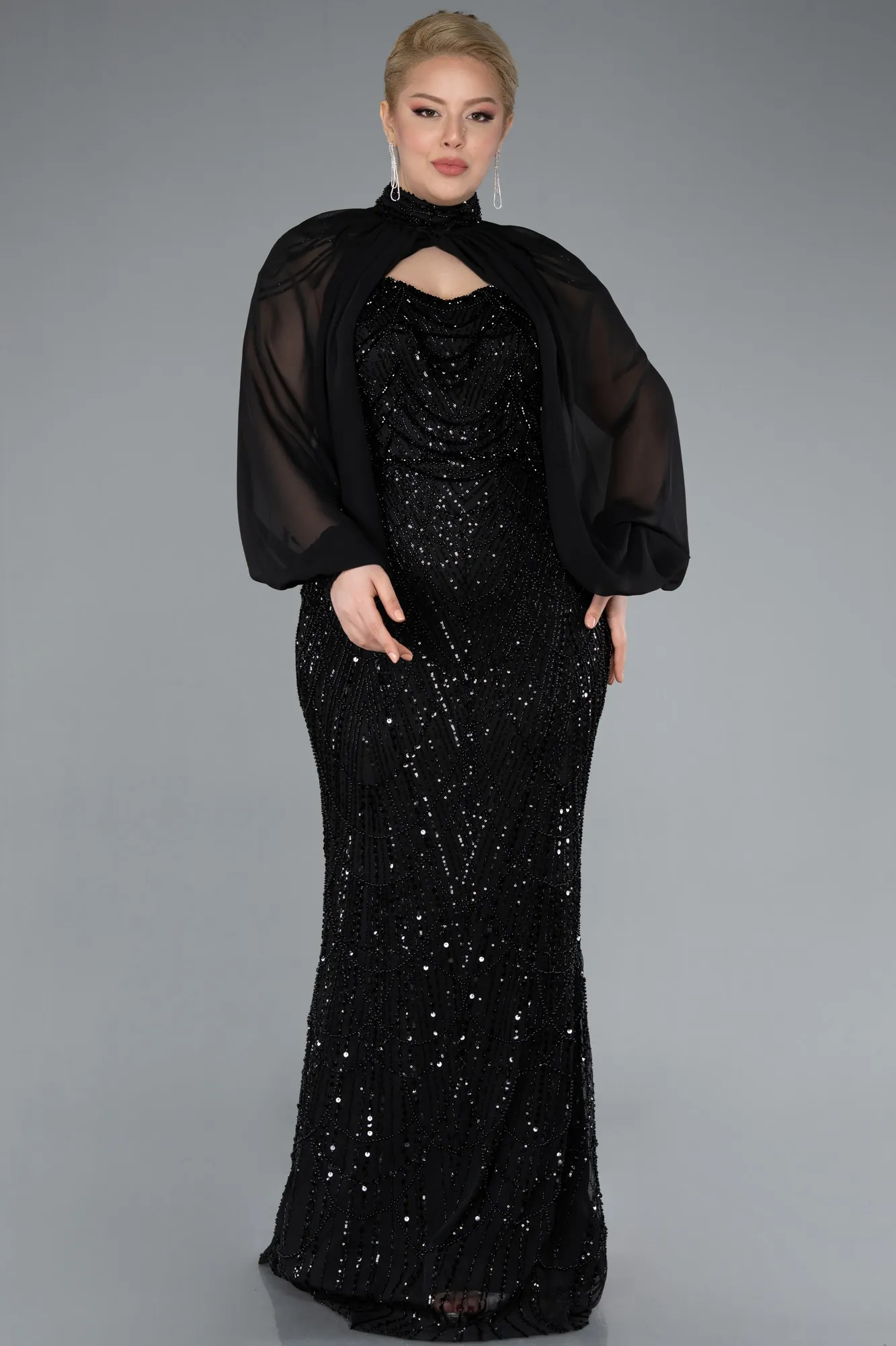 Black-Long Beaded Plus Size Evening Gown ABU4890