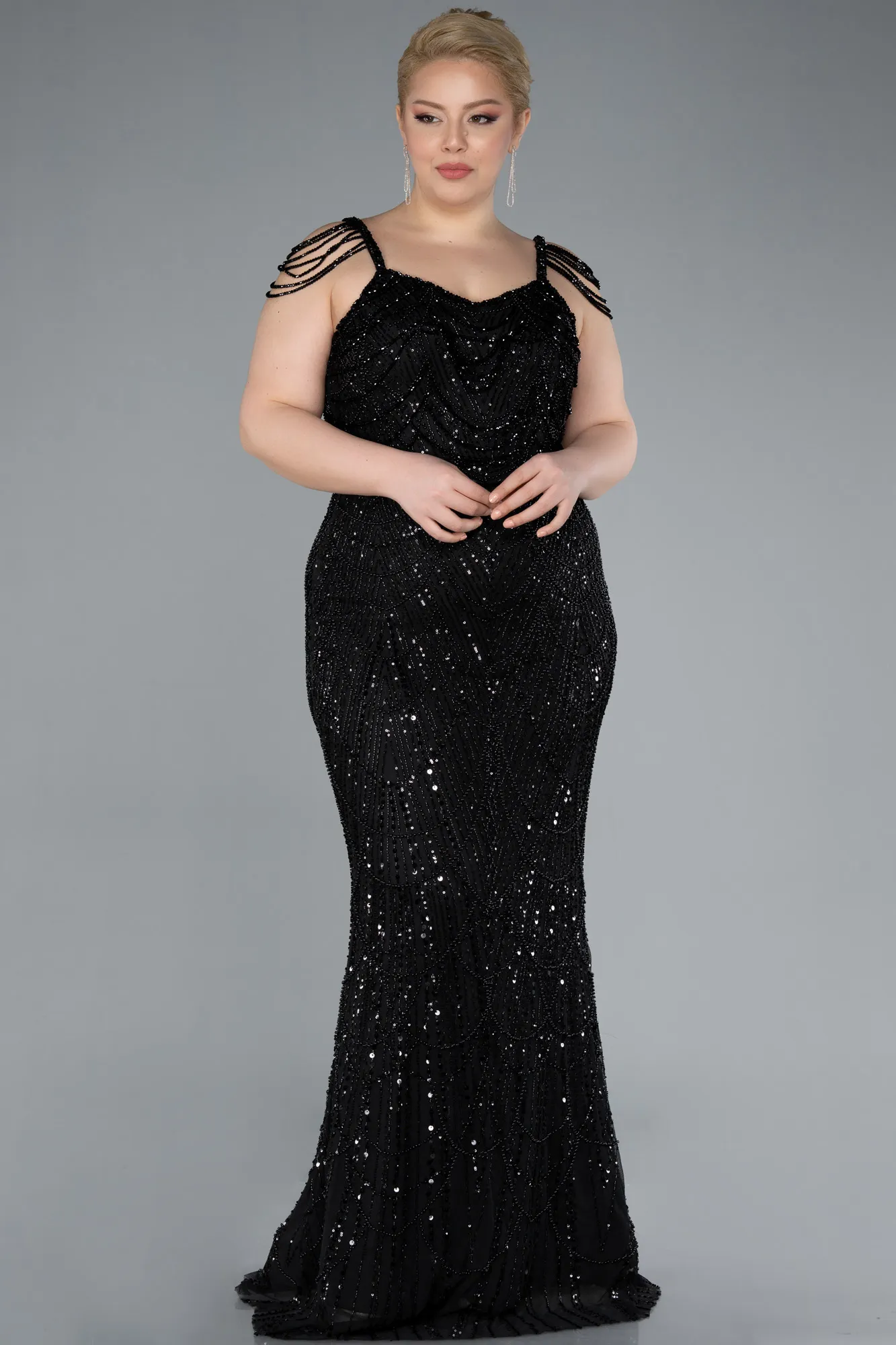 Black-Long Beaded Plus Size Evening Gown ABU4890