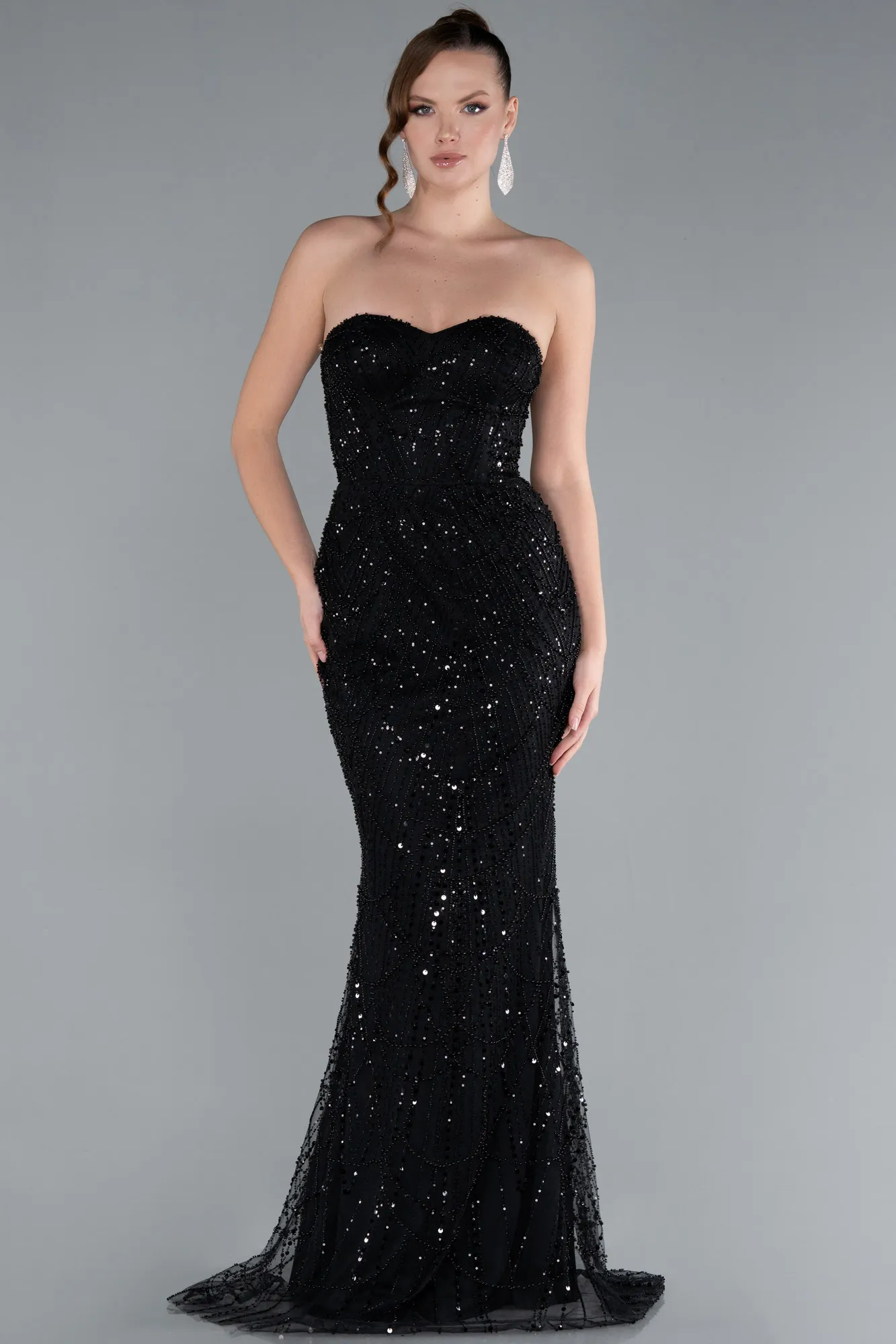 Black-Long Beaded Plus Size Evening Gown ABU5010