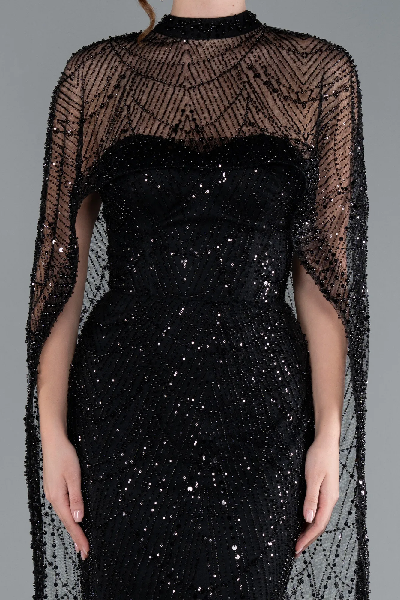 Black-Long Beaded Plus Size Evening Gown ABU5010