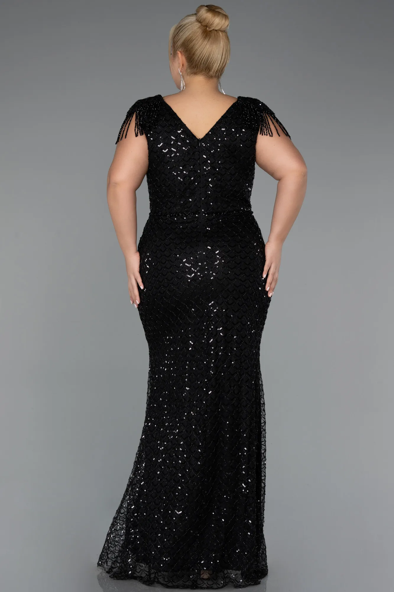 Black-Long Beaded Plus Size Evening Gown ABU5367