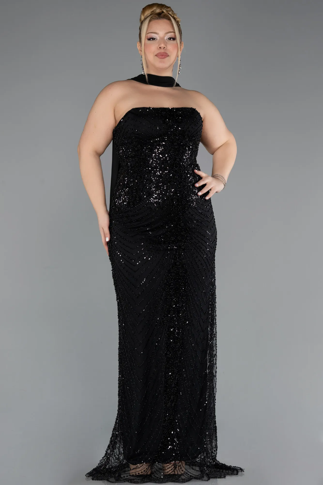 Black-Long Beaded Plus Size Evening Gown ABU5495