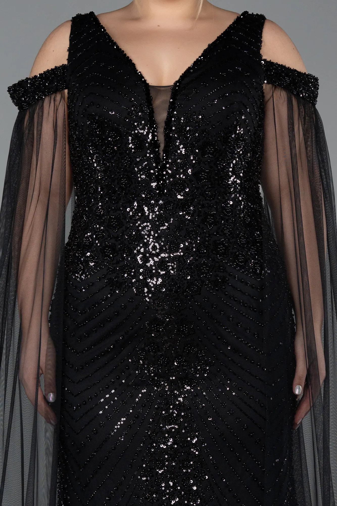 Black-Long Beaded Plus Size Evening Gown ABU5498