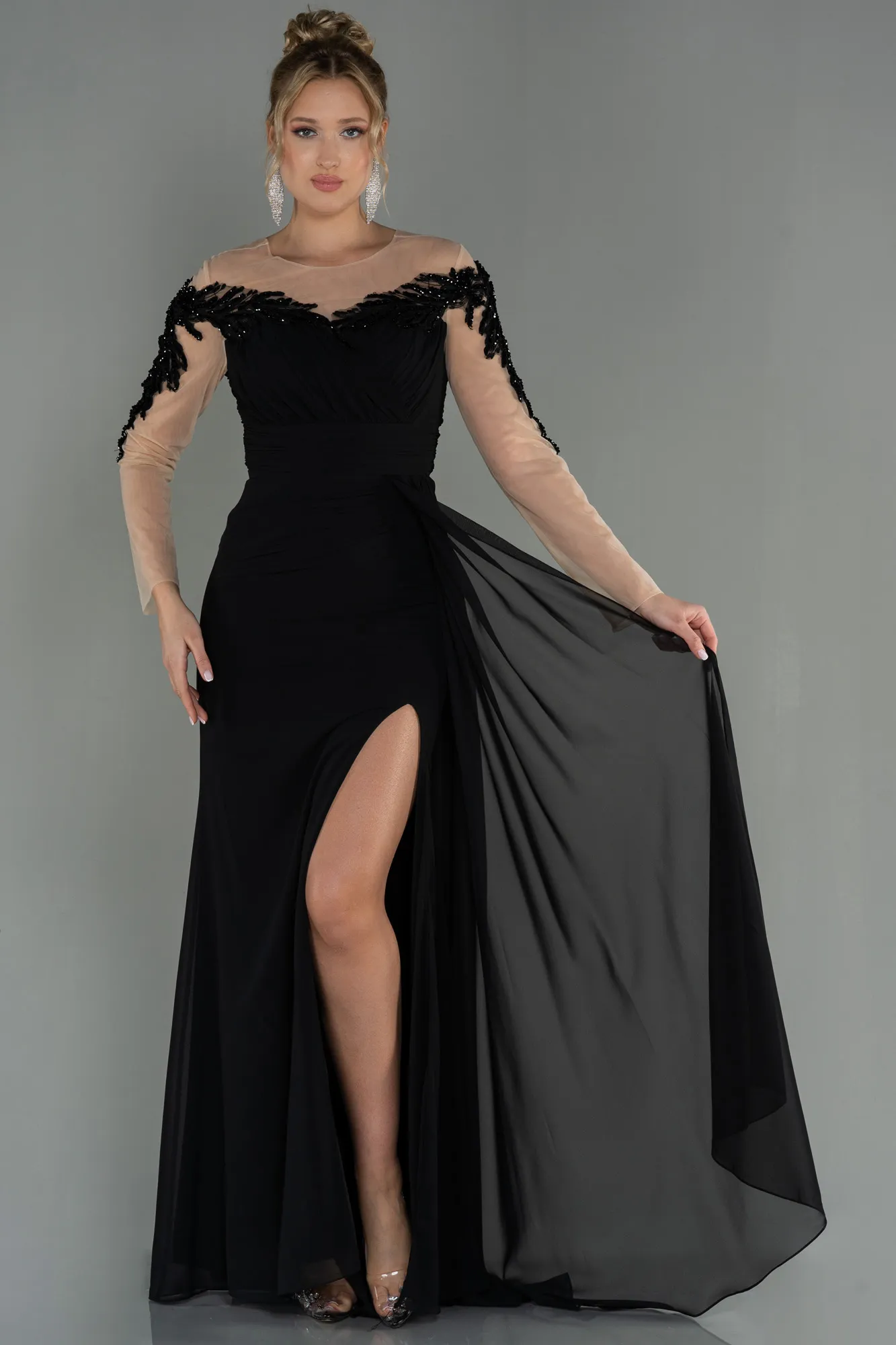 Black-Long Chiffon Evening Dress ABU3012