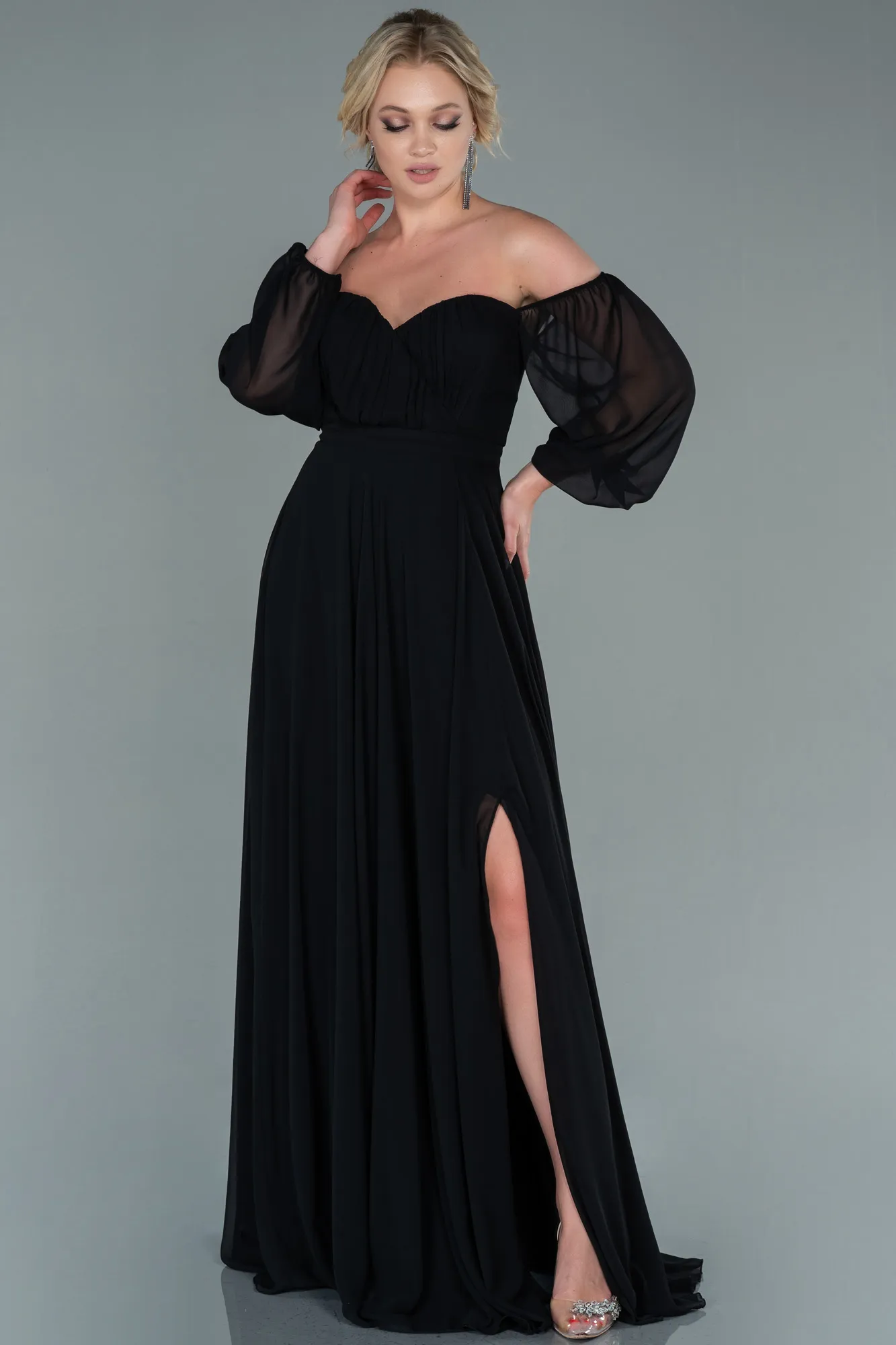 Black-Long Chiffon Oversized Evening Dress ABU2597