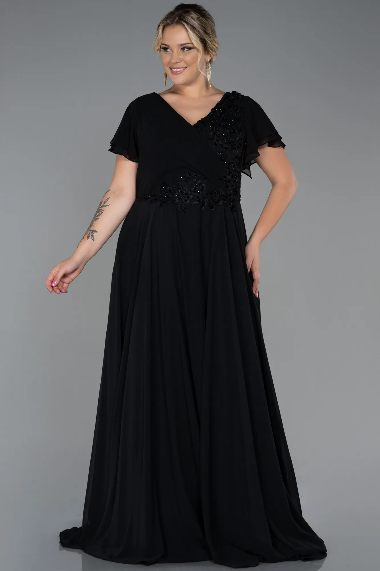Black-Long Chiffon Plus Size Evening Dress ABU2576