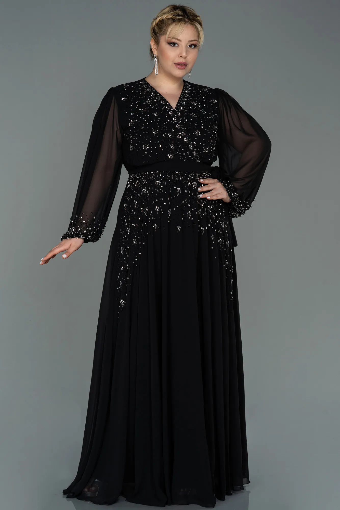 Black-Long Chiffon Plus Size Evening Dress ABU3075