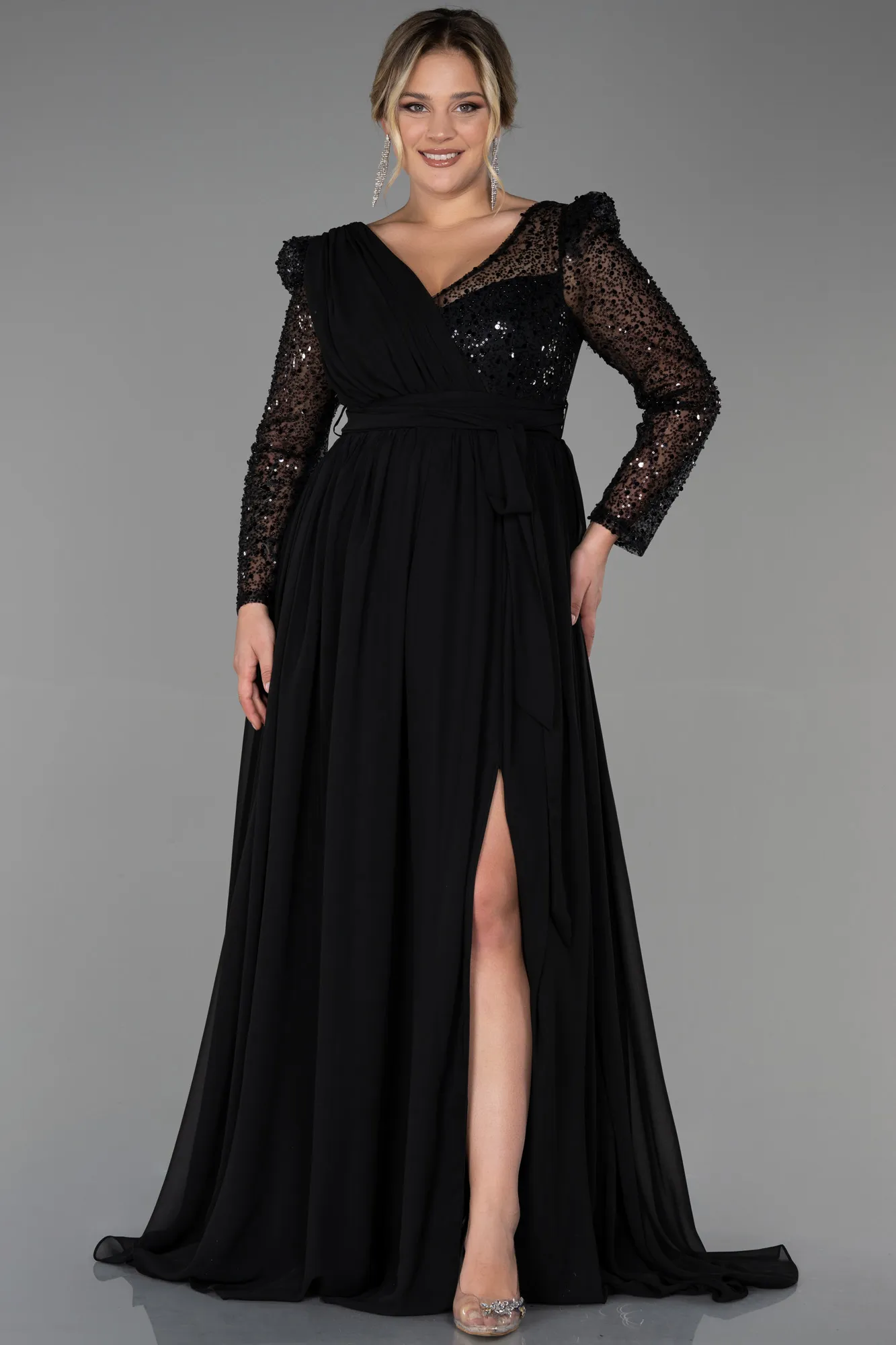 Black-Long Chiffon Plus Size Evening Dress ABU3186