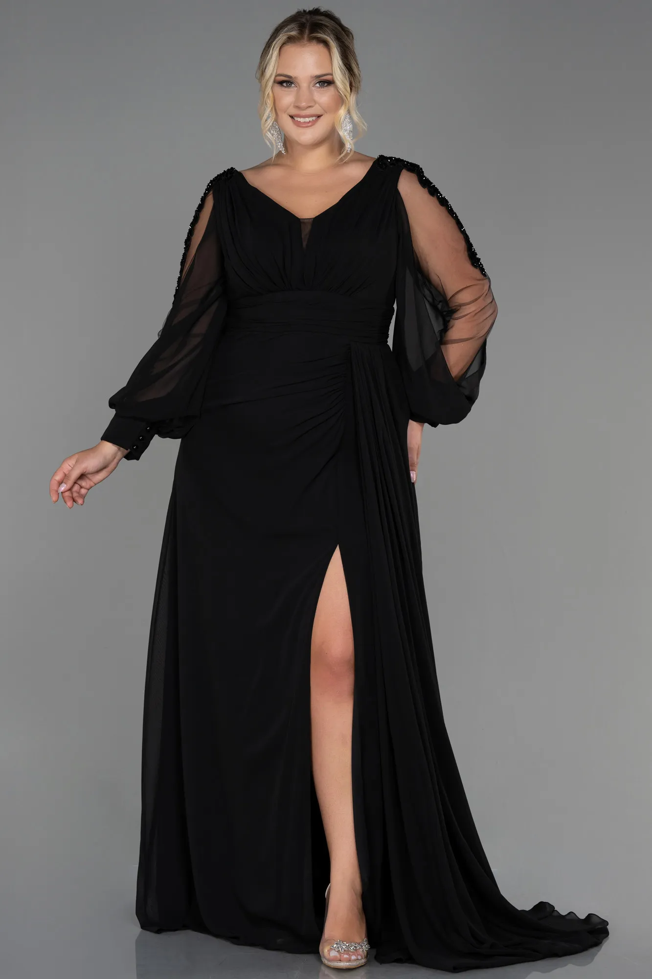Black-Long Chiffon Plus Size Evening Dress ABU3221