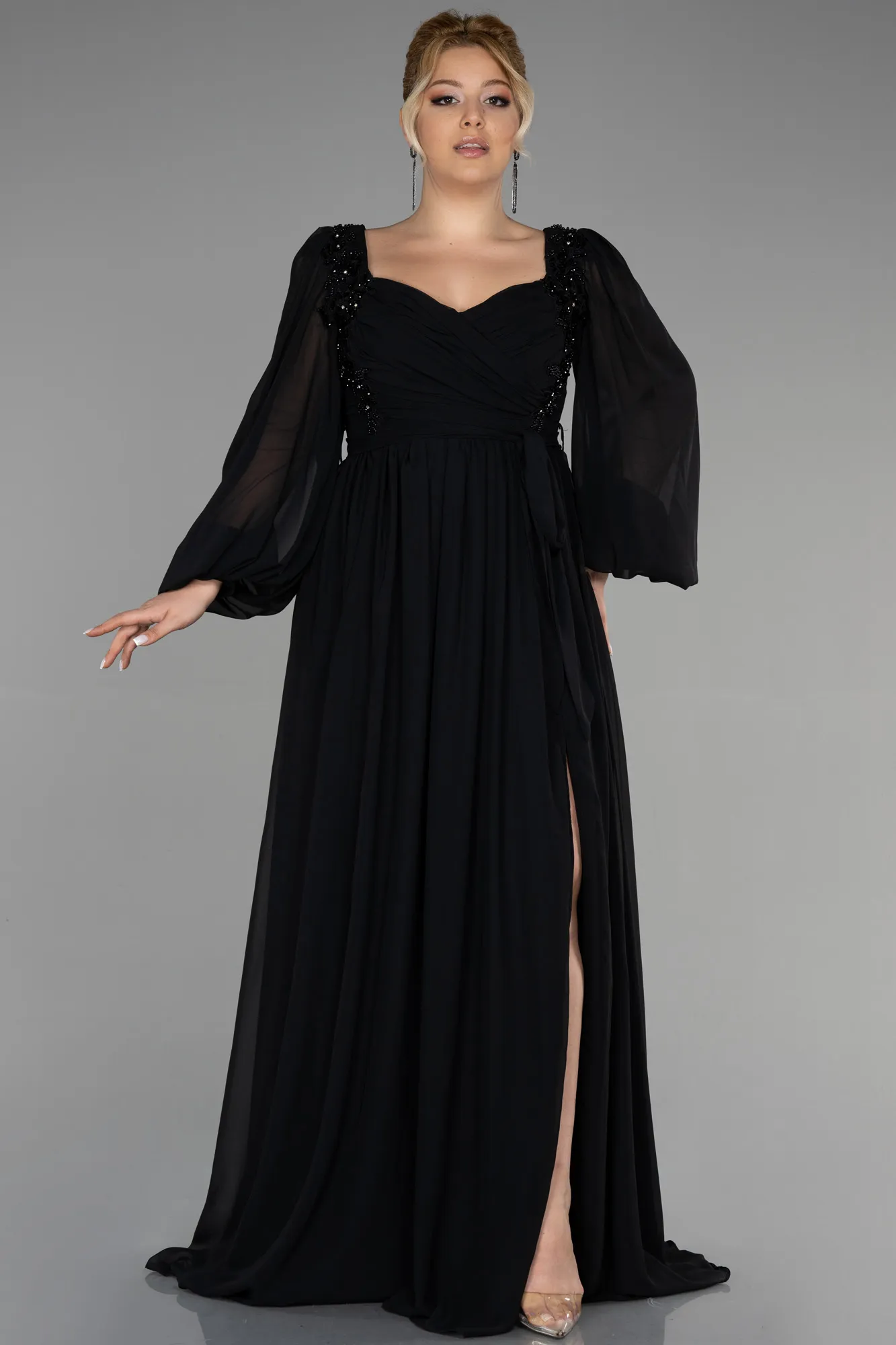 Black-Long Chiffon Plus Size Evening Dress ABU3244