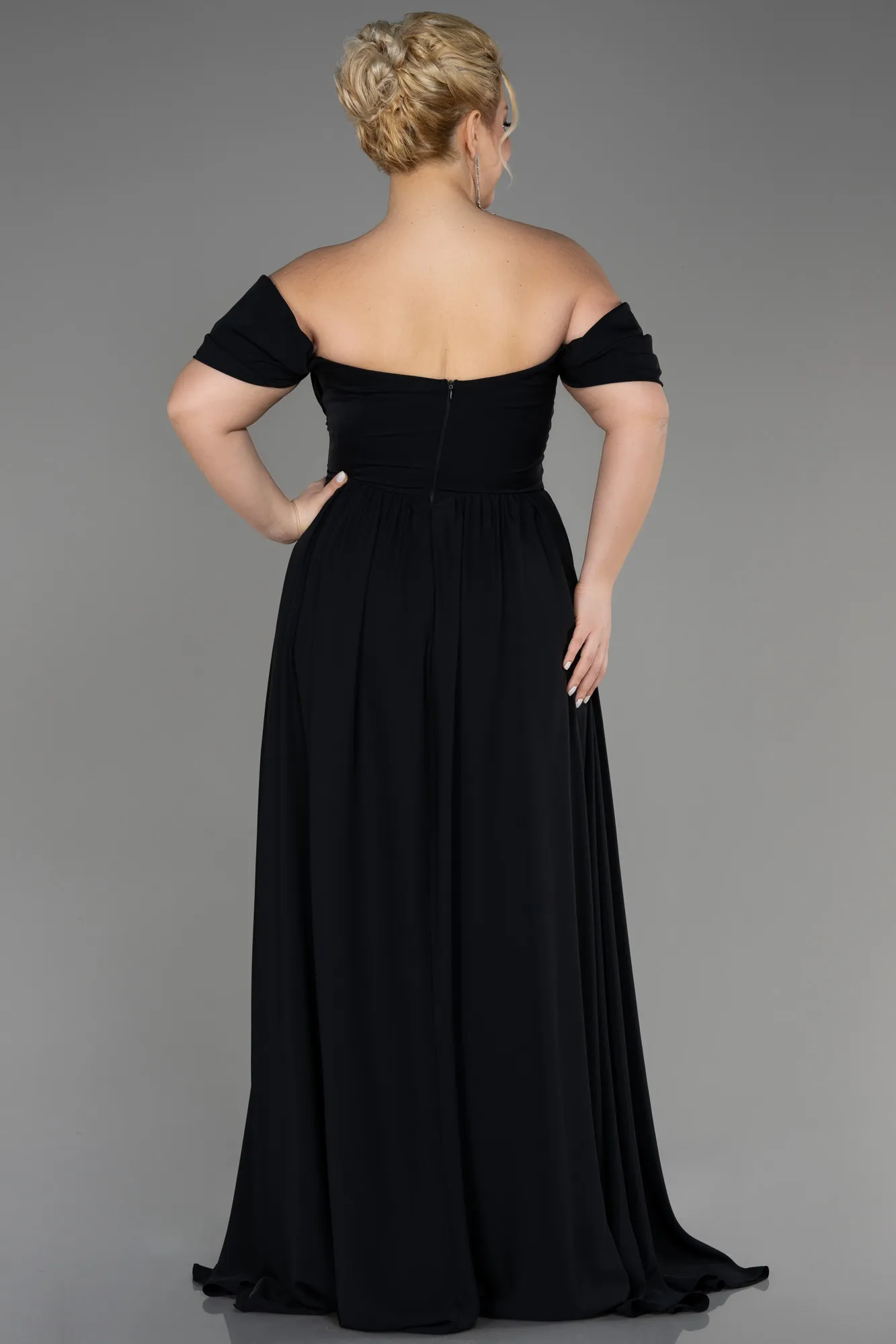 Black-Boat Neck Long Chiffon Plus Size Prom Dress ABU3738