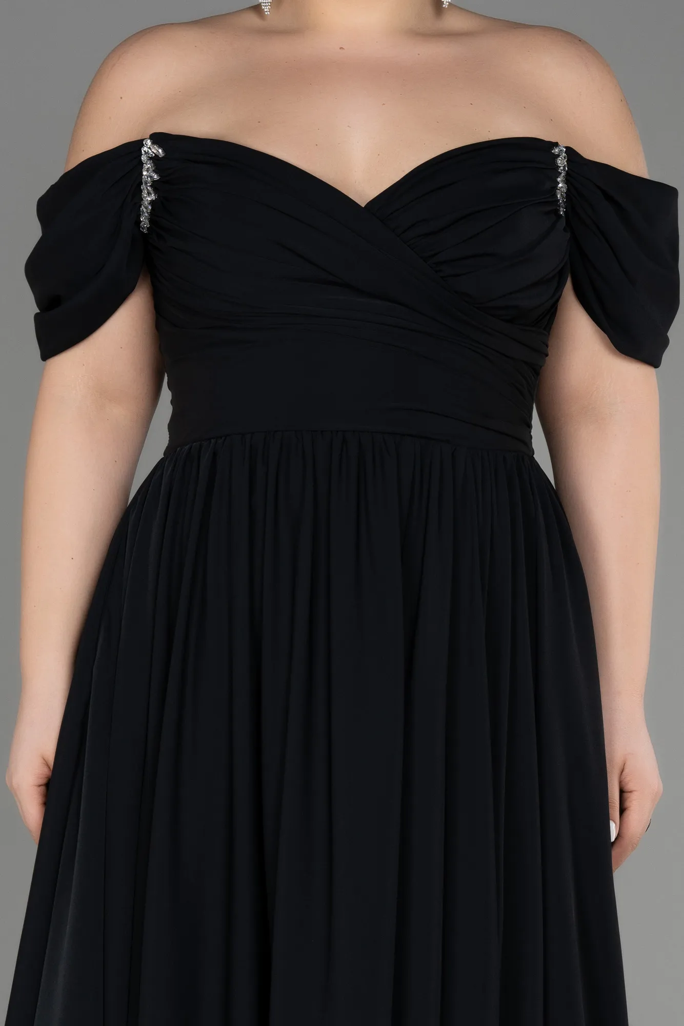 Black-Boat Neck Long Chiffon Plus Size Prom Dress ABU3738