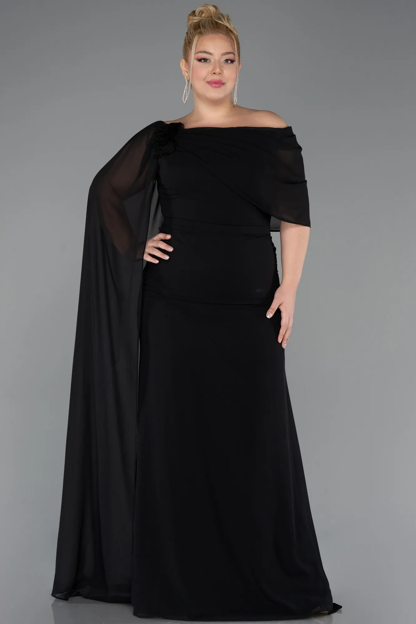 Black-Long Chiffon Plus Size Evening Dress ABU5419