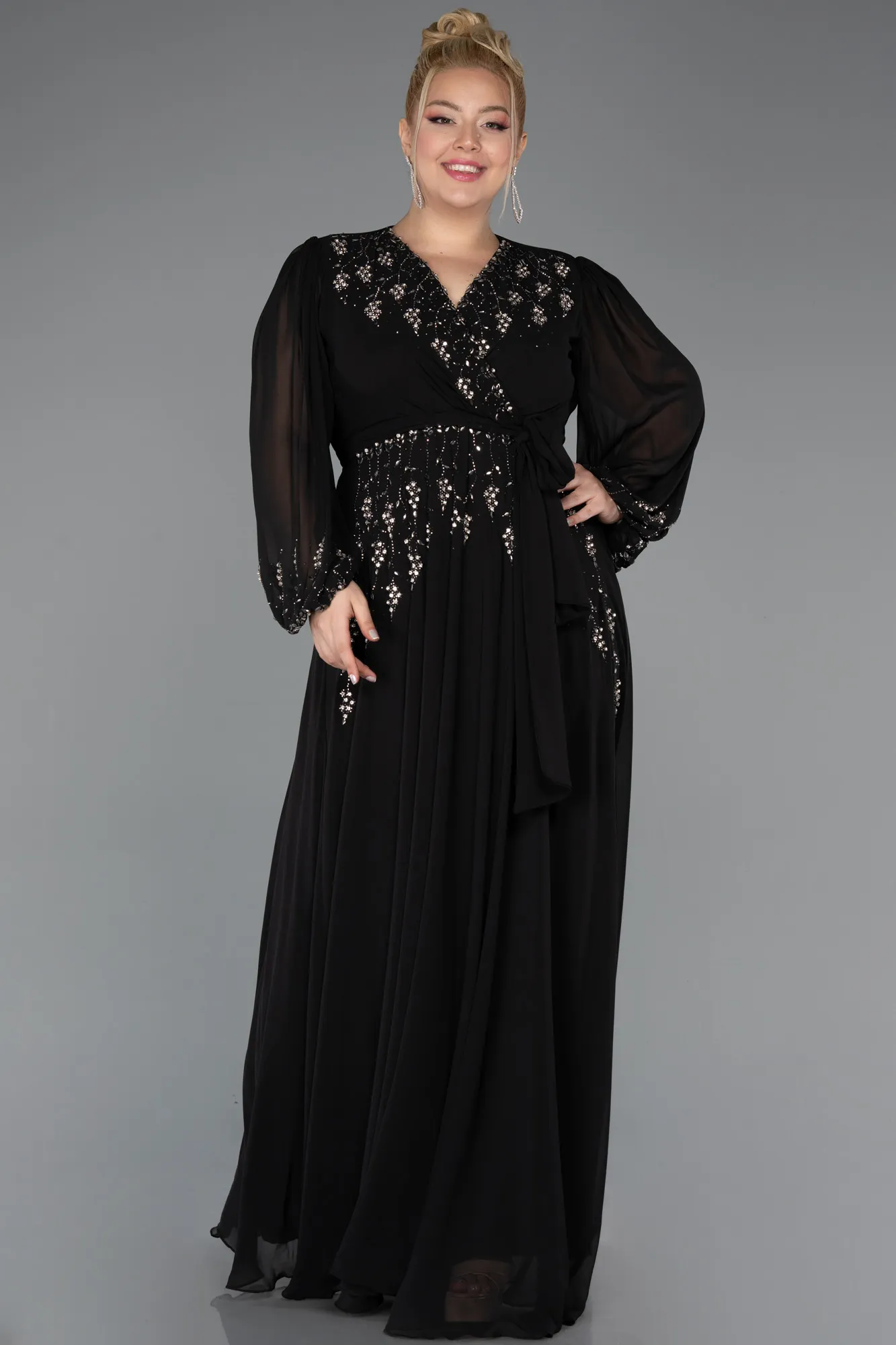 Black-Long Chiffon Plus Size Evening Gown ABU5360