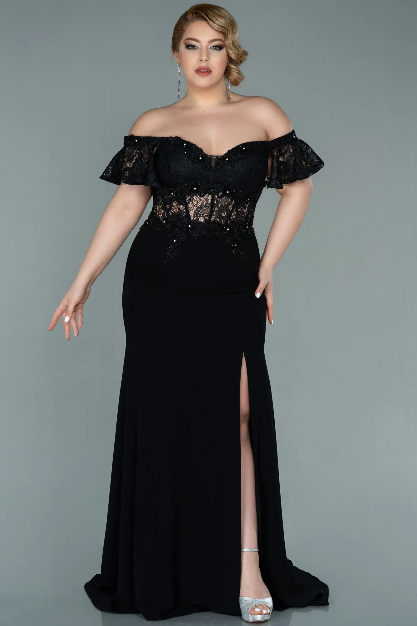 Black-Long Dantelle Oversized Evening Dress ABU2248